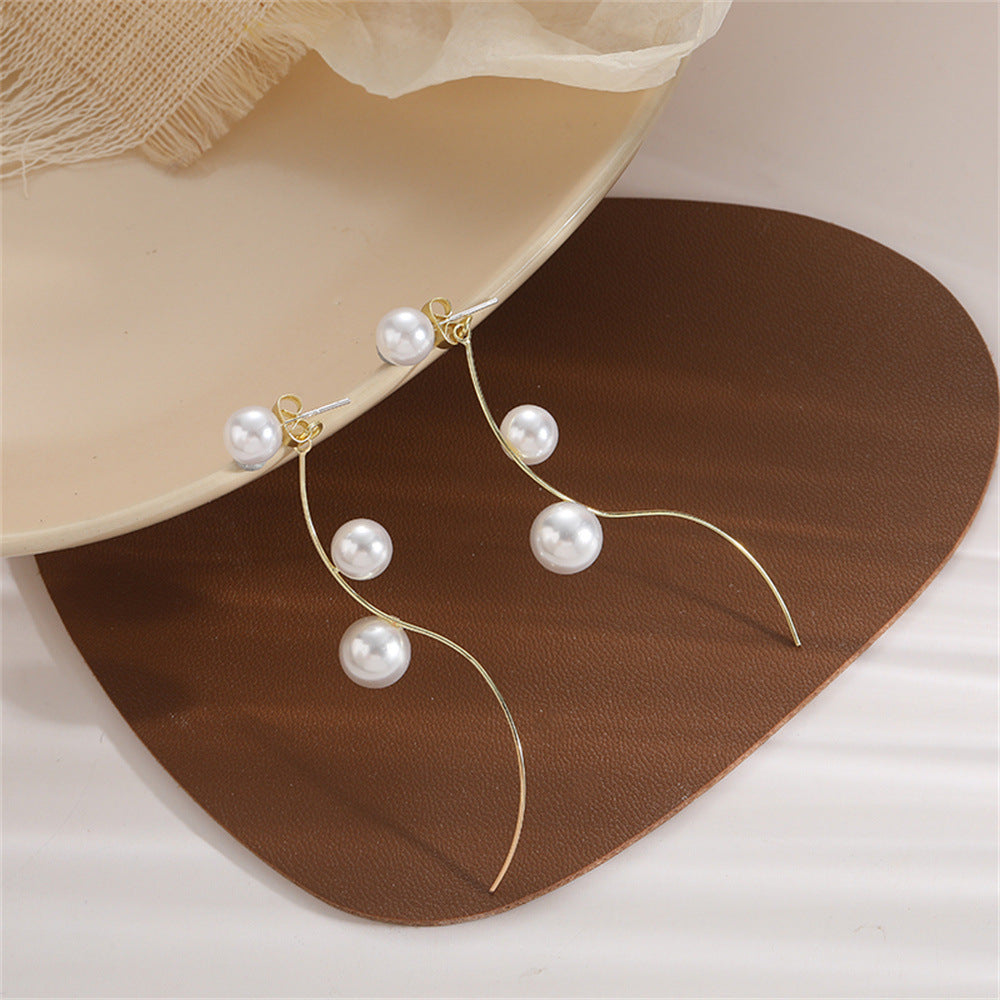 Elegant Classic Curve Pearl Long Drop Earrings for Women | HE10215 | Perfect for Weddings, Parties & Formal Events