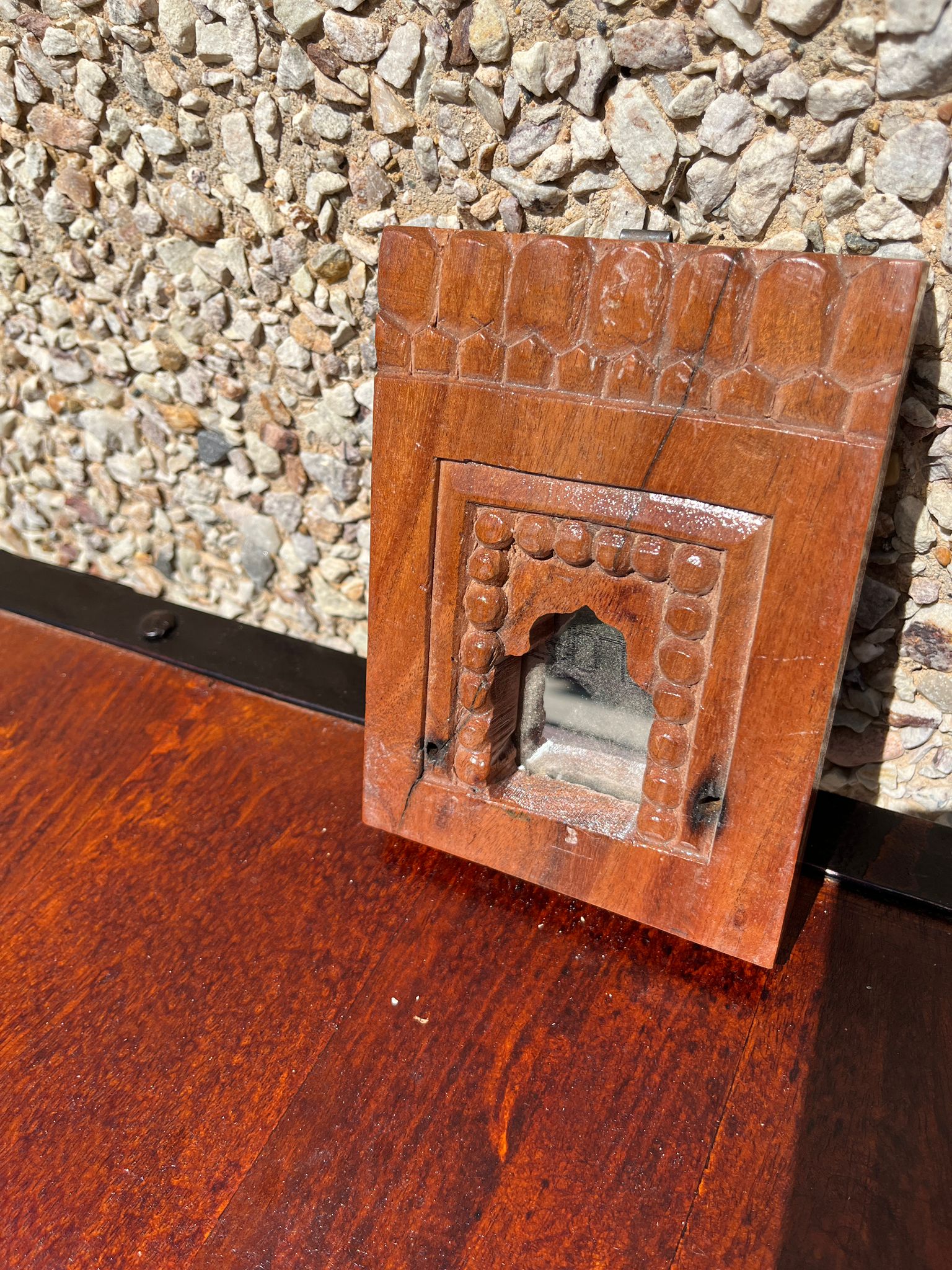 Hand Carved Indian Solid Wood Temple Mirror - Brown 111 - Elegant Wall Decor for Living Room, Bedroom, or Meditation Space