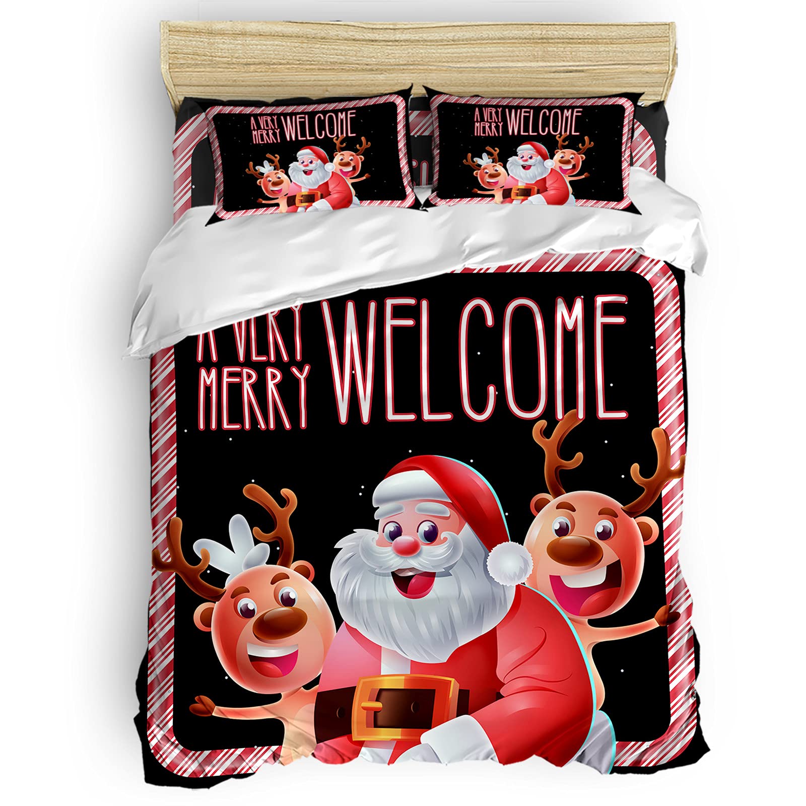 Seven Roses 4-Piece Christmas Bedding Set - Full Size Quilt Cover, Soft Comforter, Sheets & Pillowcases with Santa, Elk & Candy Lace Design - Perfect for Holiday Decor & Cozy Winter Nights