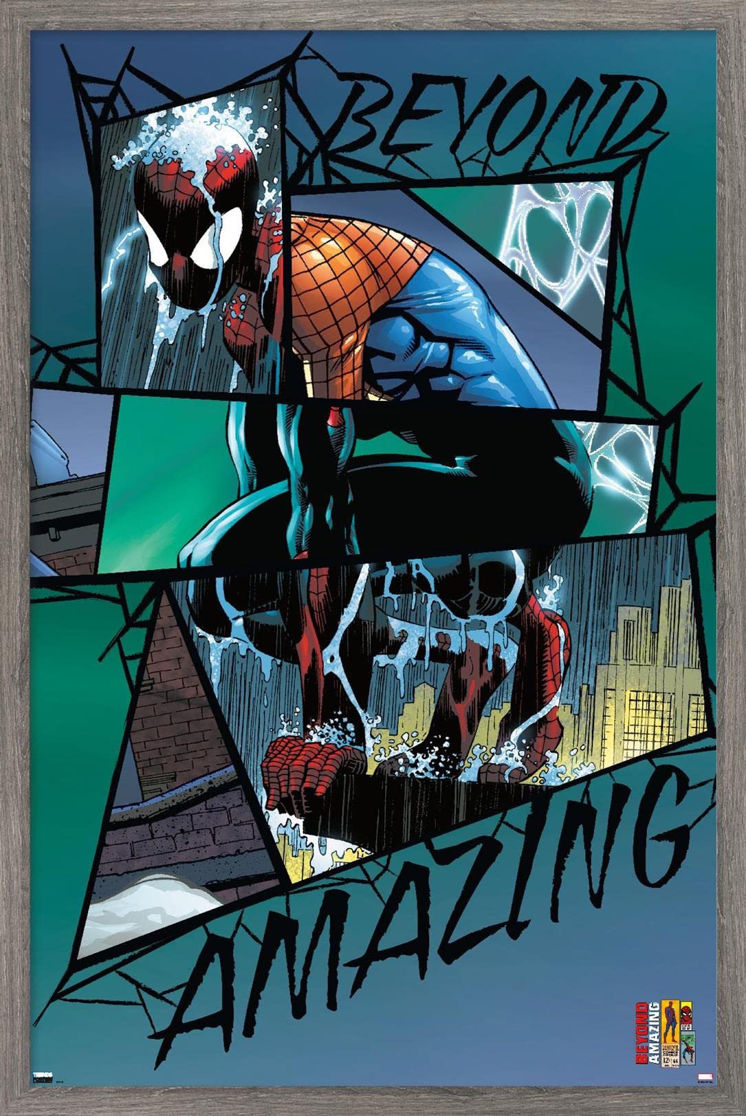 Marvel Comics Spider-Man: Beyond Amazing Rain Mash-up Wall Poster - 22.4x14.7 Inches Barnwood Framed - Superhero Home Decor for Bedroom, Living Room & Office