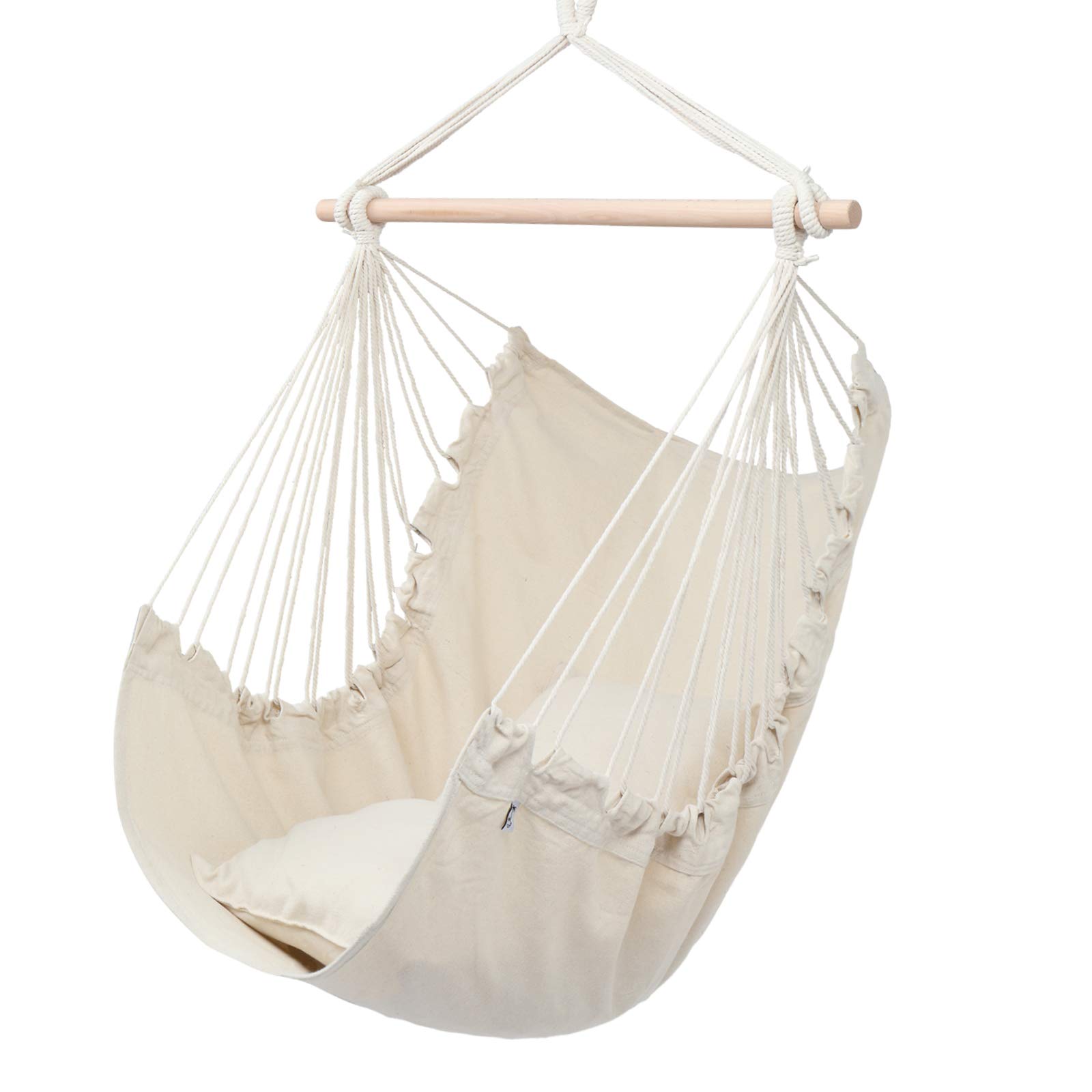 ONCLOUD Hanging Rope Hammock Chair Swing Seat with 2 Cushions - Indoor/Outdoor Use for Yard, Bedroom, Patio, Porch - Perfect for Relaxing, Reading & Lounging (Beige)