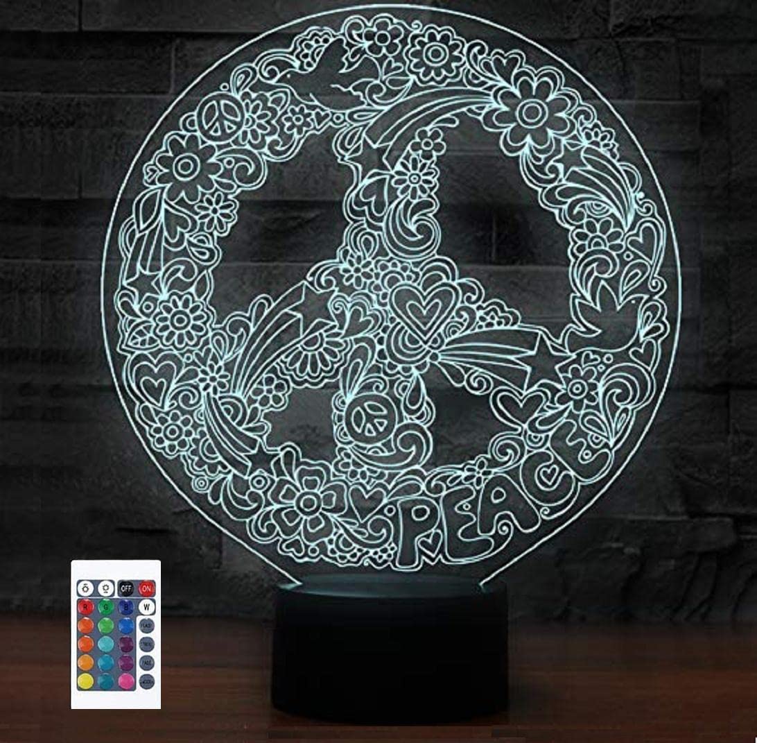 SUPERIORVZND 3D Art Hippie Peace Sign Night Light - Remote Control, Touch Power, 16 Color Changing LED Lamp for Home Decor, Christmas & Birthday Gifts | Bedroom, Nursery, Party, Meditation Room Lighting
