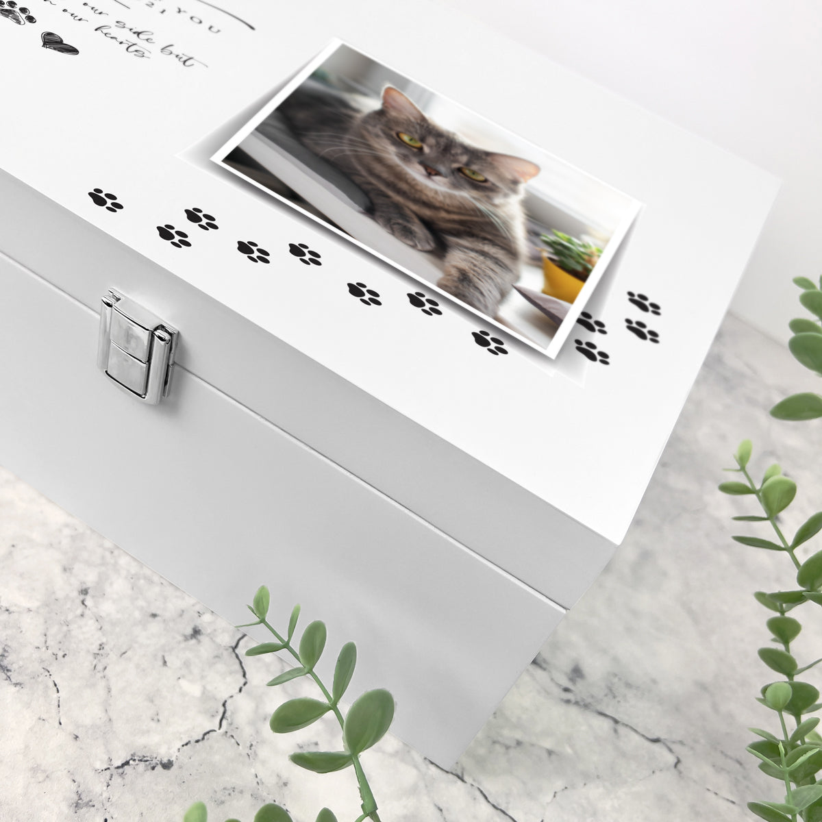 Personalized Paw Prints Square Luxury White Wooden Pet Memorial Photo Memory Box - 2 Sizes for Ashes, Collars & Keepsakes - Perfect for Dog, Cat & Pet Lovers