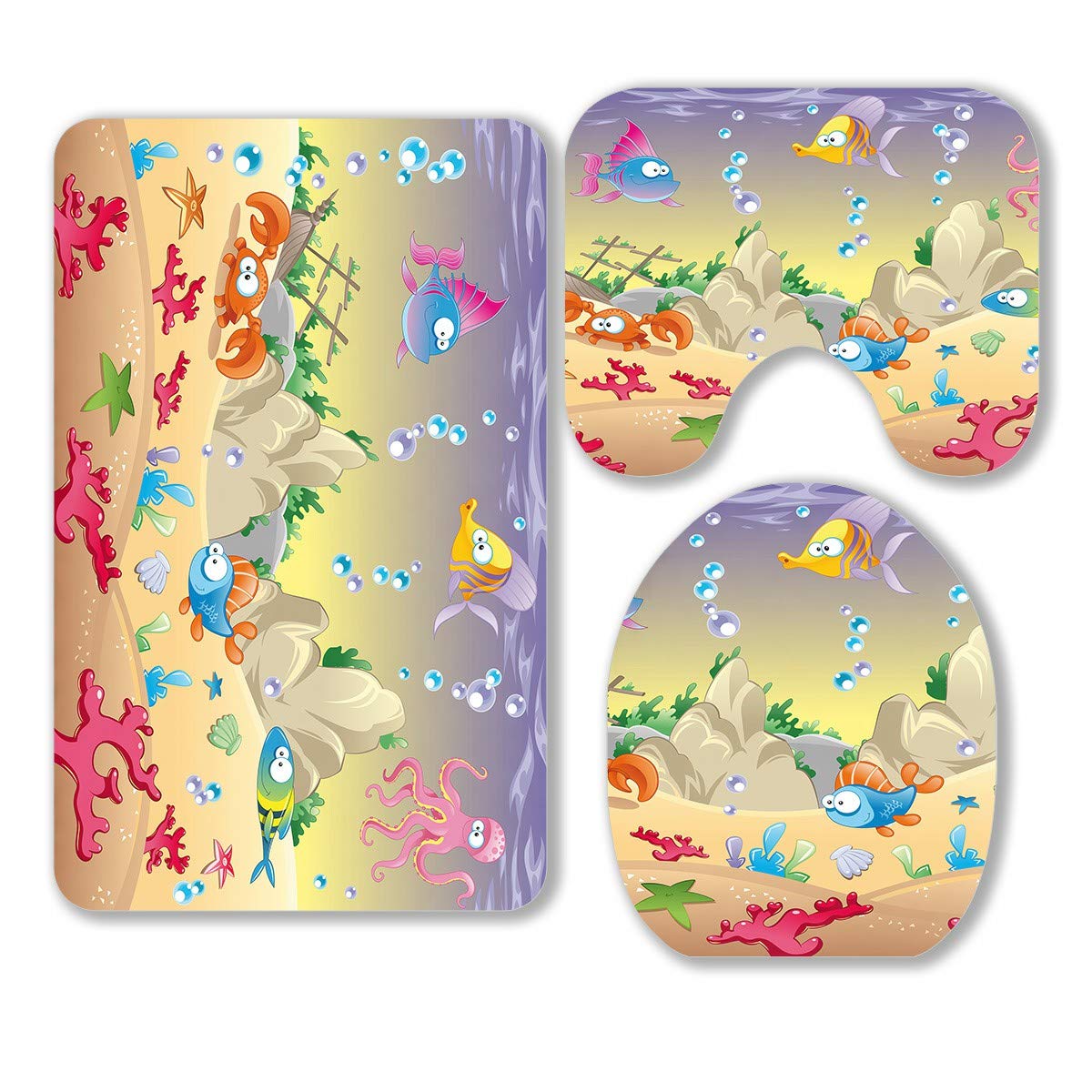 Funny Cartoon Marine Animals 3-Piece Bathroom Rug Set - Non-Slip Bath Mat, Contour Mat & Toilet Lid Cover for Kids & Family - Perfect for Ocean-Themed Bathrooms, Beach Houses & Nautical Decor