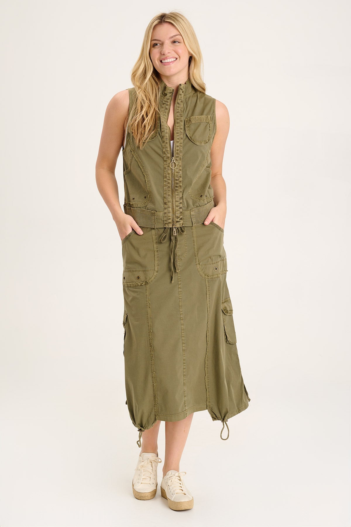 Castalina Women's Poplin Cargo Midi Skirt - Casual A-Line Utility Skirt with Pockets for Outdoor, Travel & Everyday Wear