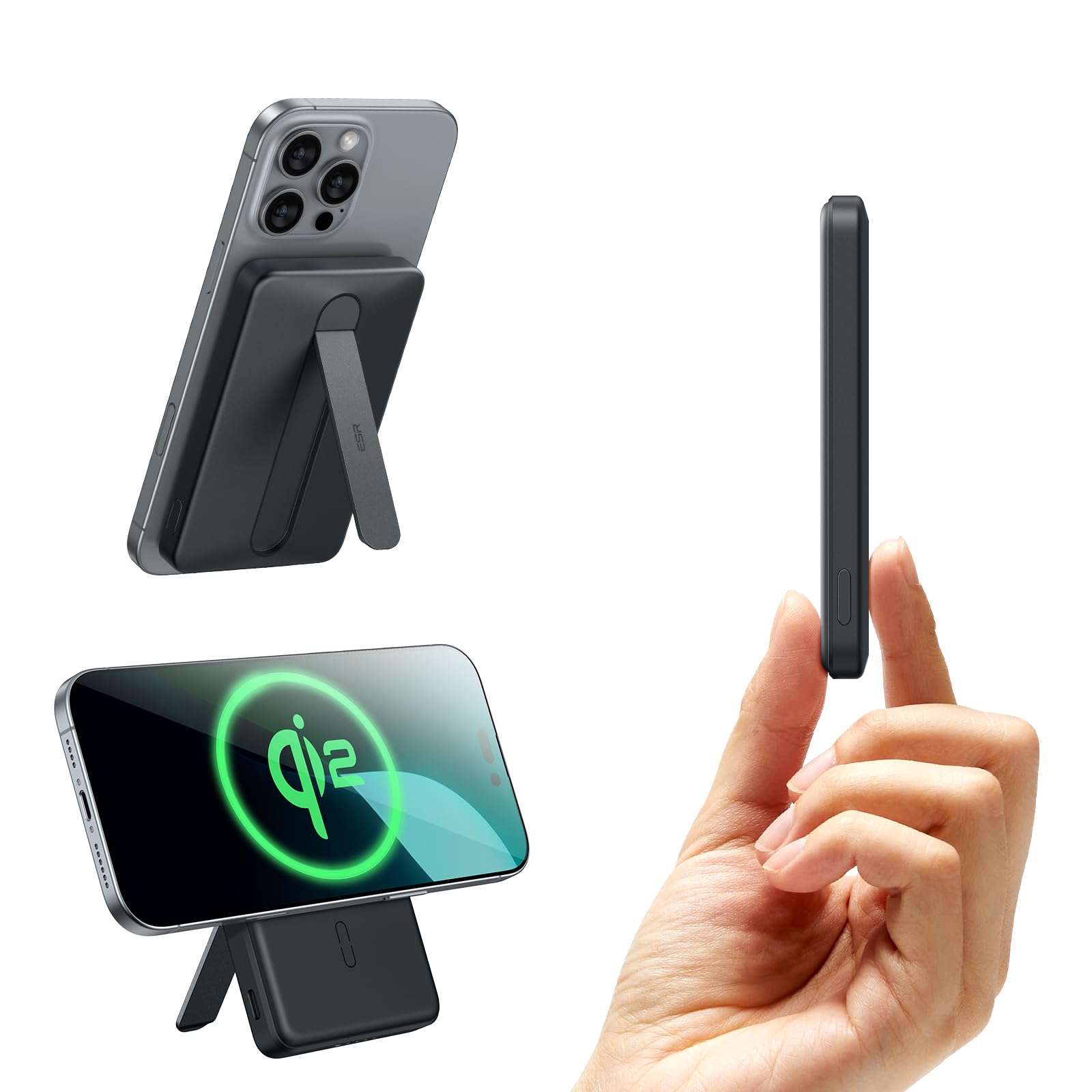 ESR MagSafe Power Bank 5000mAh with Kickstand - Qi2 Certified 15W Fast Wireless Charger, 20W USB-C Portable Battery Pack for iPhone 16/15/14/13/12 - Slim Magnetic Charger with Cable (Black) | Perfect for Travel, Work & Outdoor Activities