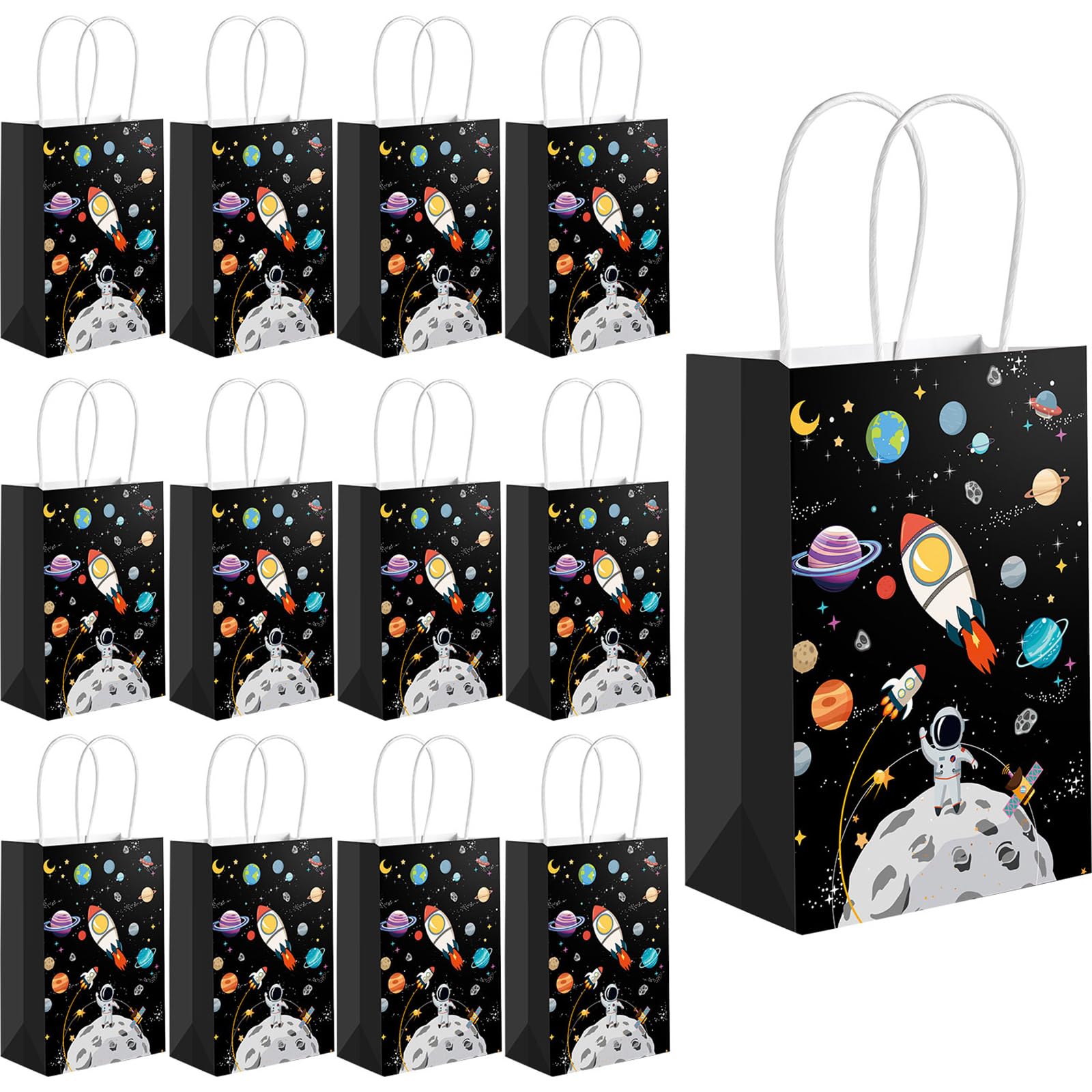 Galaxy Themed Party Favor Bags - 12 Pack Outer Space Planet Design Paper Goodie Bags with Handles for Birthday Parties, Baby Showers & School Events - Perfect for Space Theme Decorations & Celestial Celebrations