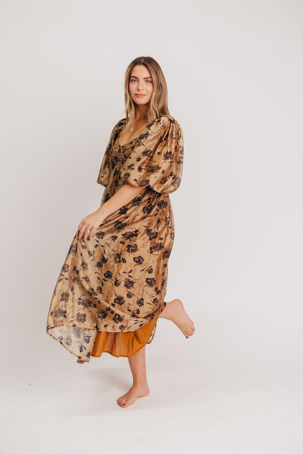 Harlow Camel & Black Floral Maxi Dress with Stretchy Neckline - Bump Friendly Maternity Dress for Women | Perfect for Pregnancy, Special Occasions & Everyday Wear (Restocking Early Fall)