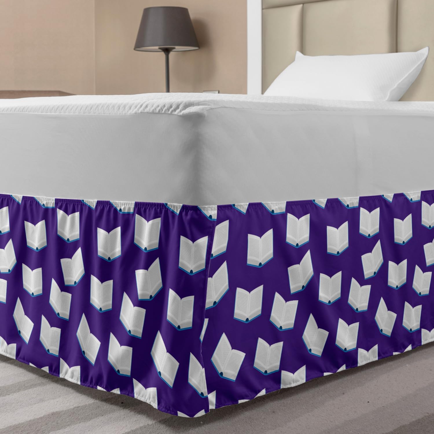 Ambesonne Elastic Bed Skirt with Open Books Design - Library Inspired Dust Ruffle Wrap for Twin/Twin XL Beds - Indigo White and Blue - Perfect for Book Lovers' Bedroom Decor & Reading Nook Styling