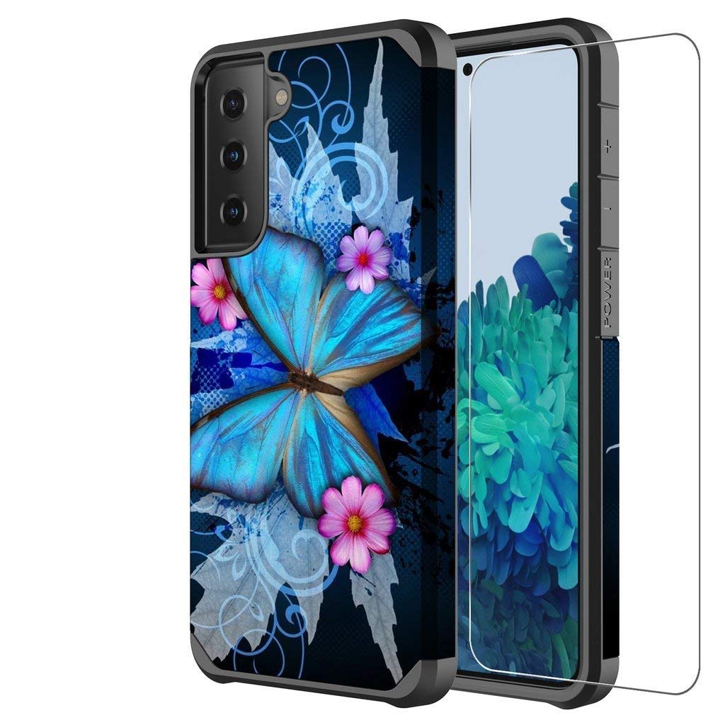 Cute Blue Butterfly Glitter Samsung Galaxy S21 Case with TPU Screen Protector - Heavy Duty Dual Layer Defender Protective Phone Cover for Women & Girls | Perfect for Everyday Use, Work, and Travel