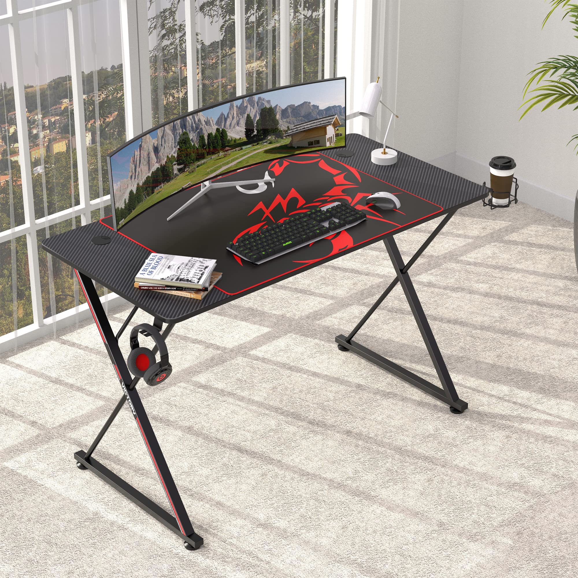 EUREKA ERGONOMIC 47-inch Gaming Desk - Carbon Fiber Surface Gamer Workstation with Large Mouse Pad, Controller Stand, Headphone Hook, Cup Holder & Cable Management | Perfect for PC Gaming, Streaming & Home Office Setup (Black)