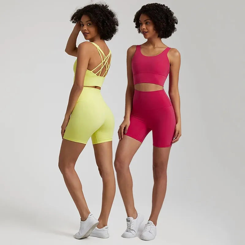 Buttery Soft 2-Piece Nylon Yoga Shorts Set for Women - High Waist Workout Clothes & Push Up Sports Bra - Perfect for Gym, Yoga & Running
