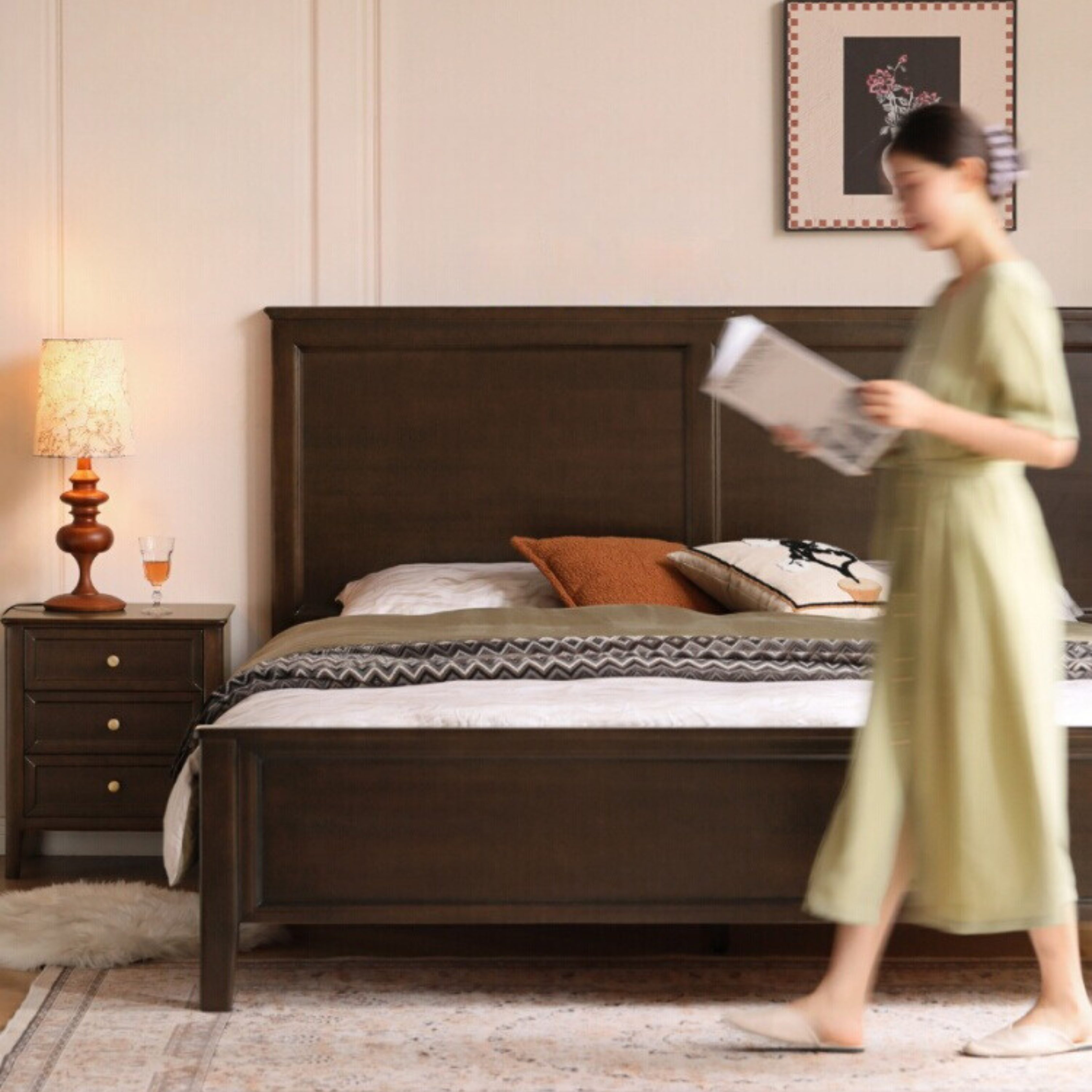 Solid Poplar Wood Bed - Modern American Retro High Back Bed Frame for Bedroom, Guest Room & Master Suite