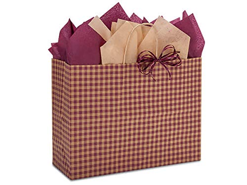 16 x 6 x 12 Inch Burgundy Gingham Paper Shopping Bags - Bulk Pack of 250 Bags, No Tissue Paper Included - Perfect for Retail Stores, Boutique Packaging, Party Favors & Gift Bags