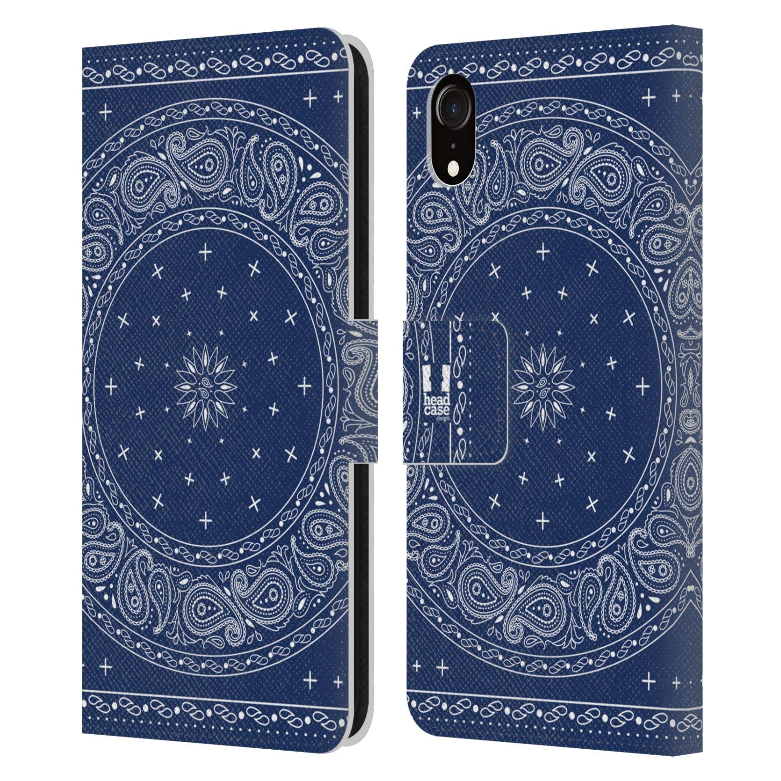 Head Case Designs Round Blue Classic Paisley Bandana Leather Book Wallet Case Cover for Apple iPhone XR - Stylish Protection for Everyday Use, Travel & Work