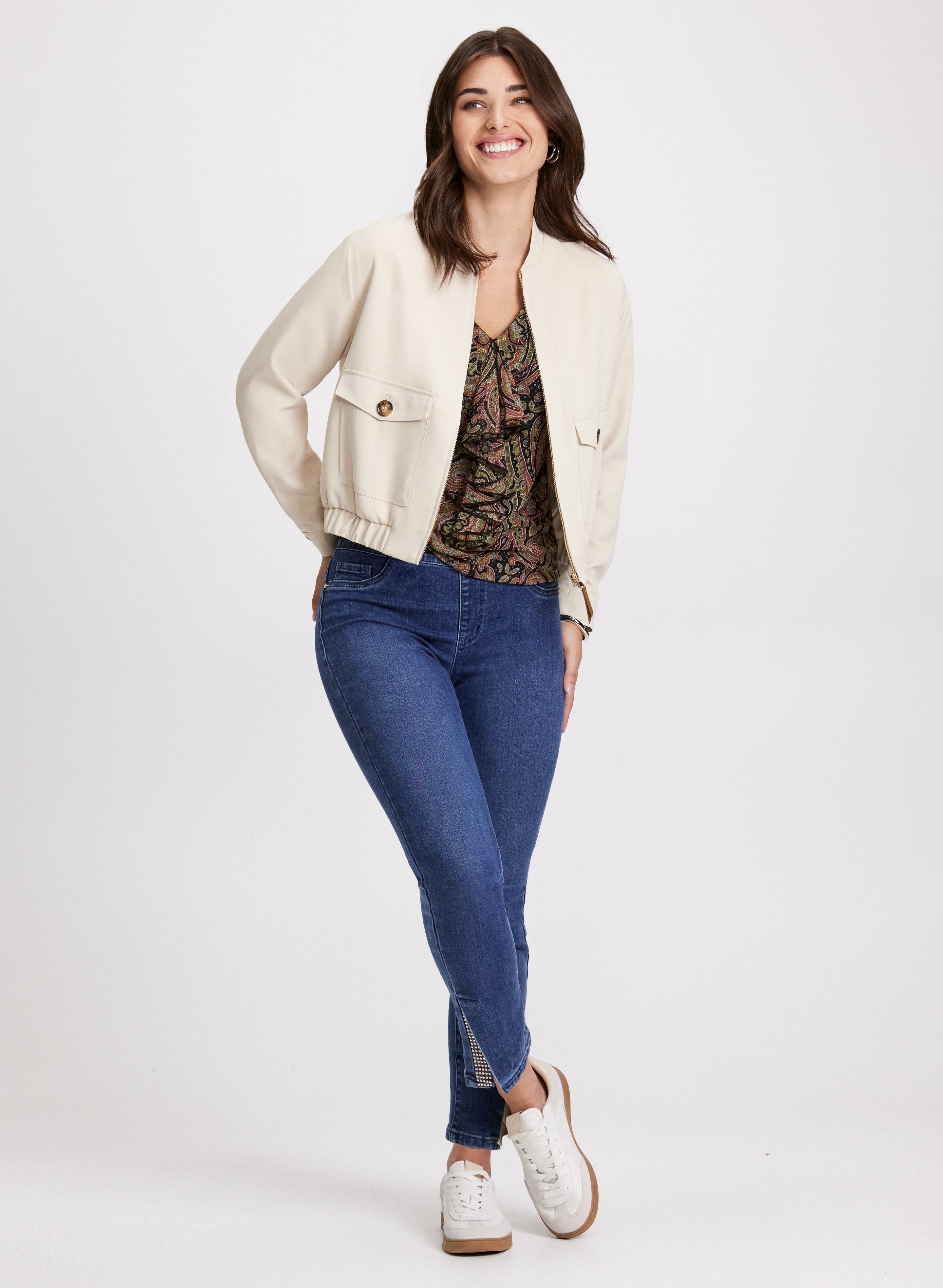 Stylish Bomber Jacket & Distressed Hem Slit Jeans Set for Women - Trendy Streetwear Outfit for Casual Wear, Night Out, and Fall Fashion
