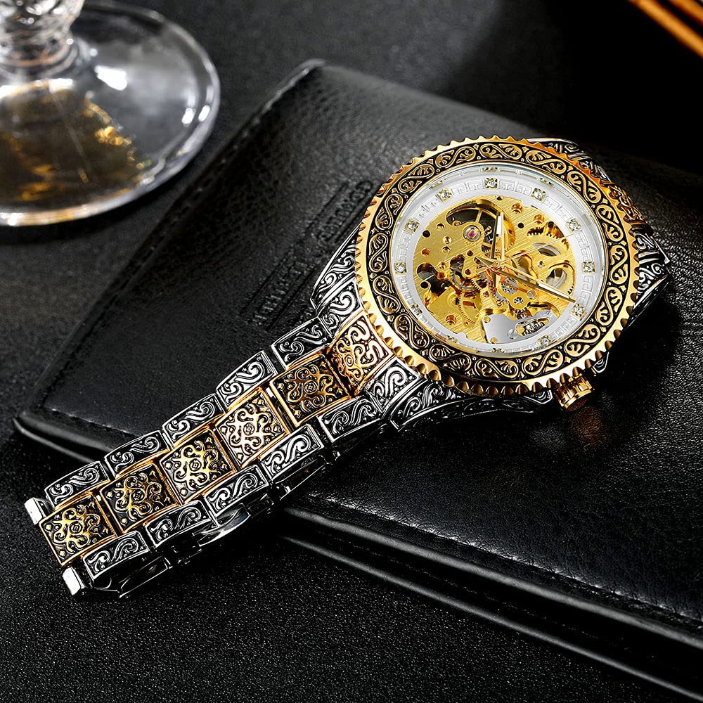 Luxury Men's Automatic Skeleton Watch - Gold & Black Engraved Mechanical Wristwatch for Men | Perfect for Business, Formal Events & Gift Giving