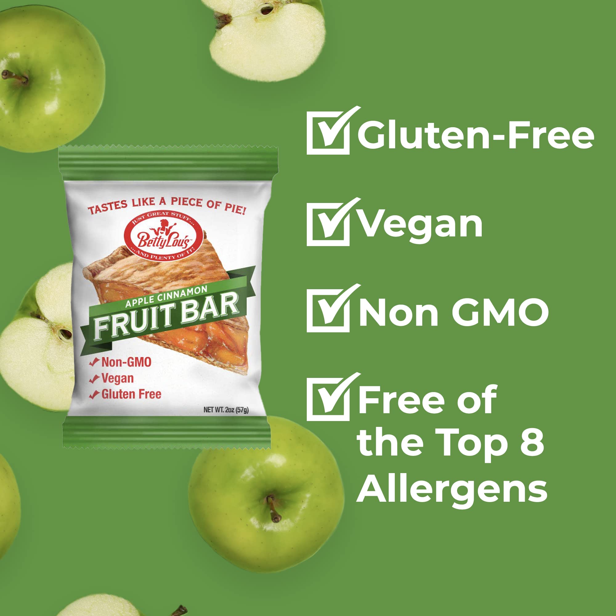 Betty Lou's Apple Cinnamon Fruit Bars - Pack of 12 | Gluten Free, Vegan, Non-GMO Healthy Snacks | All Natural Fruit Juice | Individually Wrapped 2oz Bars | Perfect for Lunch Boxes, Hiking & On-the-Go Snacking