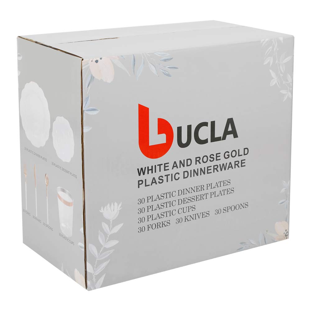 BUCLA 30-Pack White & Rose Gold Plastic Plates with Matching Cutlery & Disposable Cups - Elegant Disposable Dinnerware Set for Weddings, Mother's Day, Bridal Showers, Birthday Parties & Special Events
