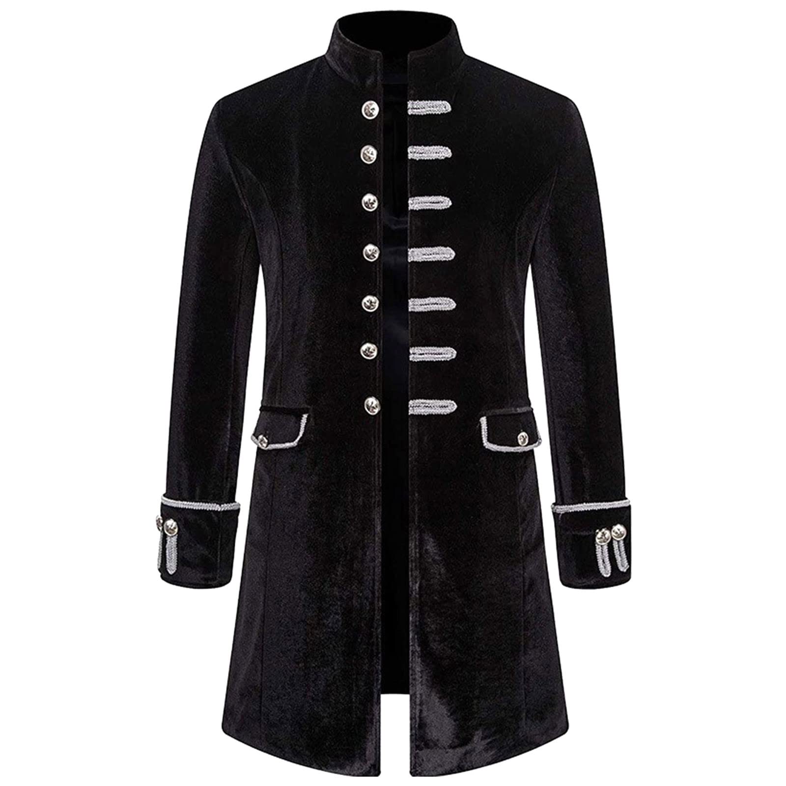 Men's Solid Long Sleeve Steampunk Vintage Velvet Uniform Stand Collar Cardigan Jacket - Gothic Victorian Style Coat for Cosplay, Halloween & Retro Fashion