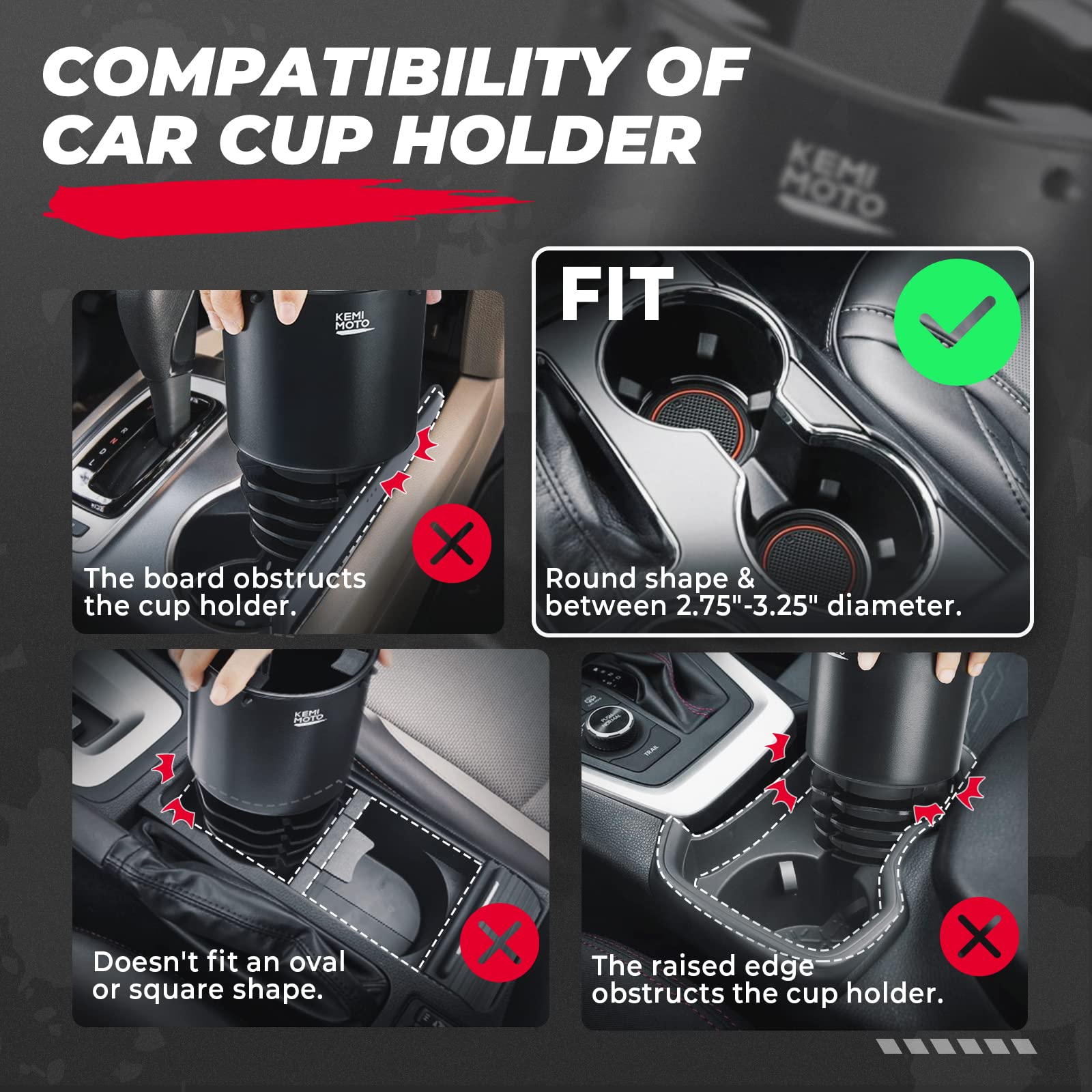 KEMIMOTO Universal Cup Holder Expander - Fits Hydro Flask, Yeti & 18-40oz Water Bottles - Car, Golf Cart, RV, Truck, UTV Accessory - Perfect for Travel, Camping & Outdoor Adventures