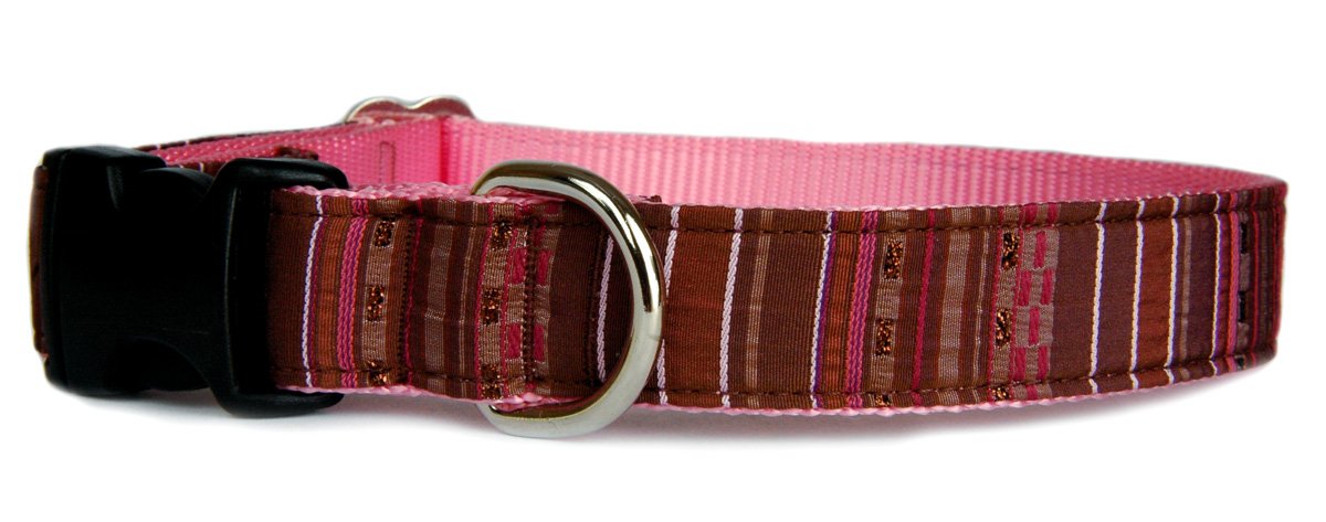 Sparkling Metallic Bronze Stripe Dog Collar - Handmade in USA | Adjustable Pet Collar for Small, Medium & Large Dogs | Pink, Turquoise or Green on Brown Fabric | Perfect for Daily Walks, Training & Fashion Accessories
