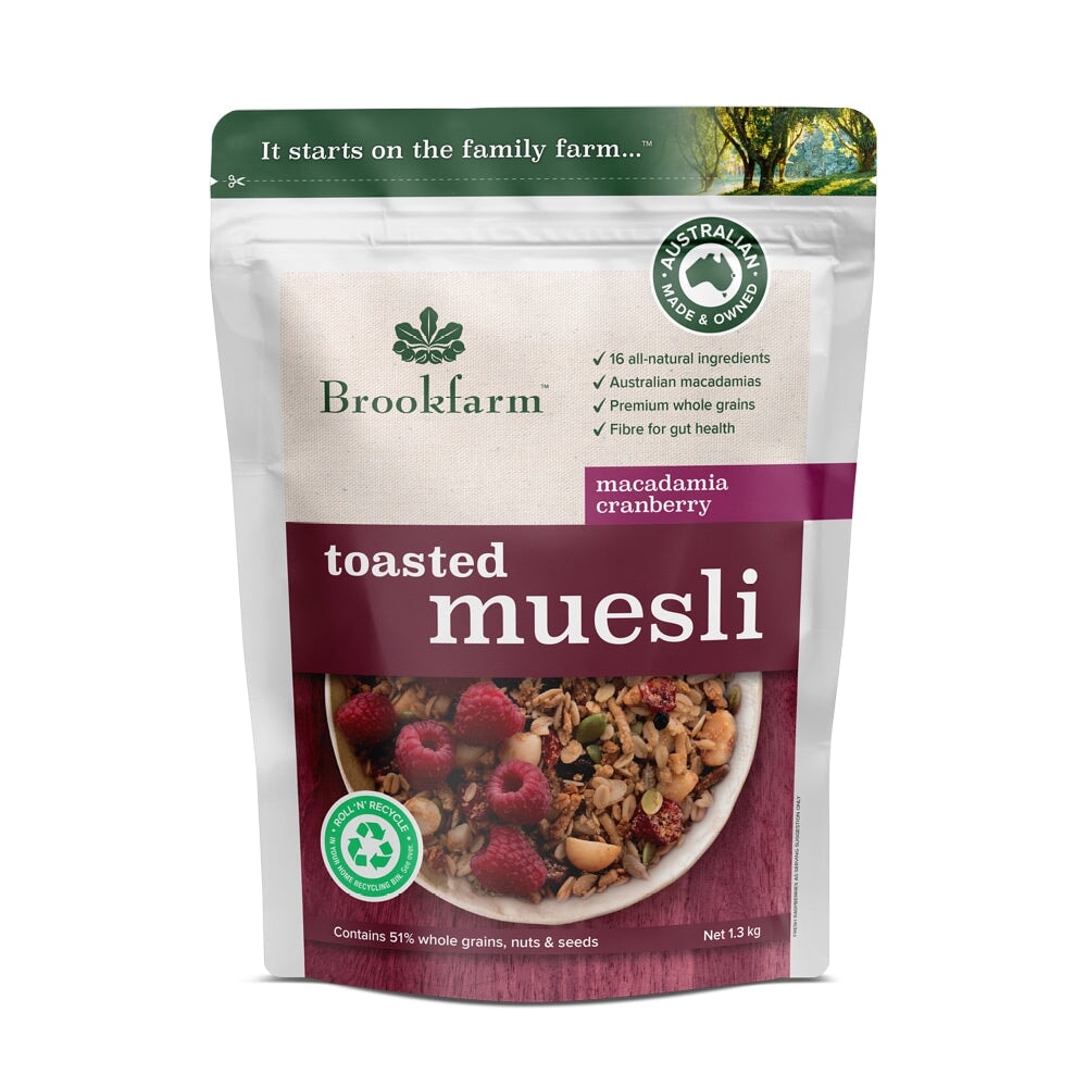 Brookfarm Toasted Macadamia Muesli with Cranberry - Premium Breakfast Cereal with Nuts & Dried Fruits - Perfect for Healthy Morning Meals & Snacks