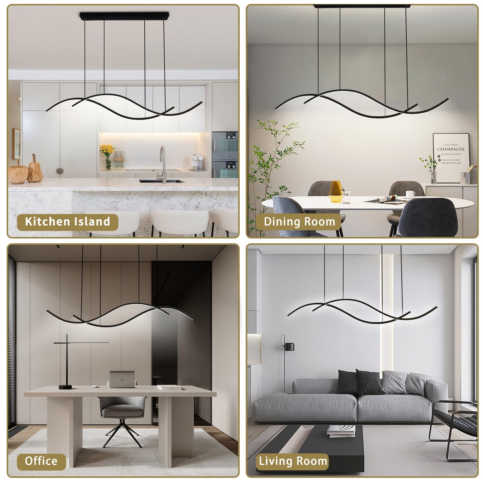 Dimmable Black LED Pendant Light - Modern Wave Chandelier for Kitchen Island, Dining Room & Bedroom | Energy-Efficient Hanging Light Fixture for Table, Counter & Living Spaces