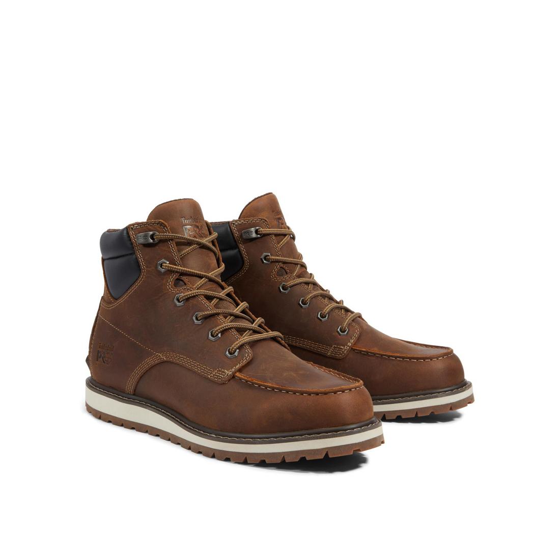 6 Inch Soft Toe Wedge Work Boots for Men - Comfortable Brown Leather Safety Shoes for Construction, Landscaping & Outdoor Work