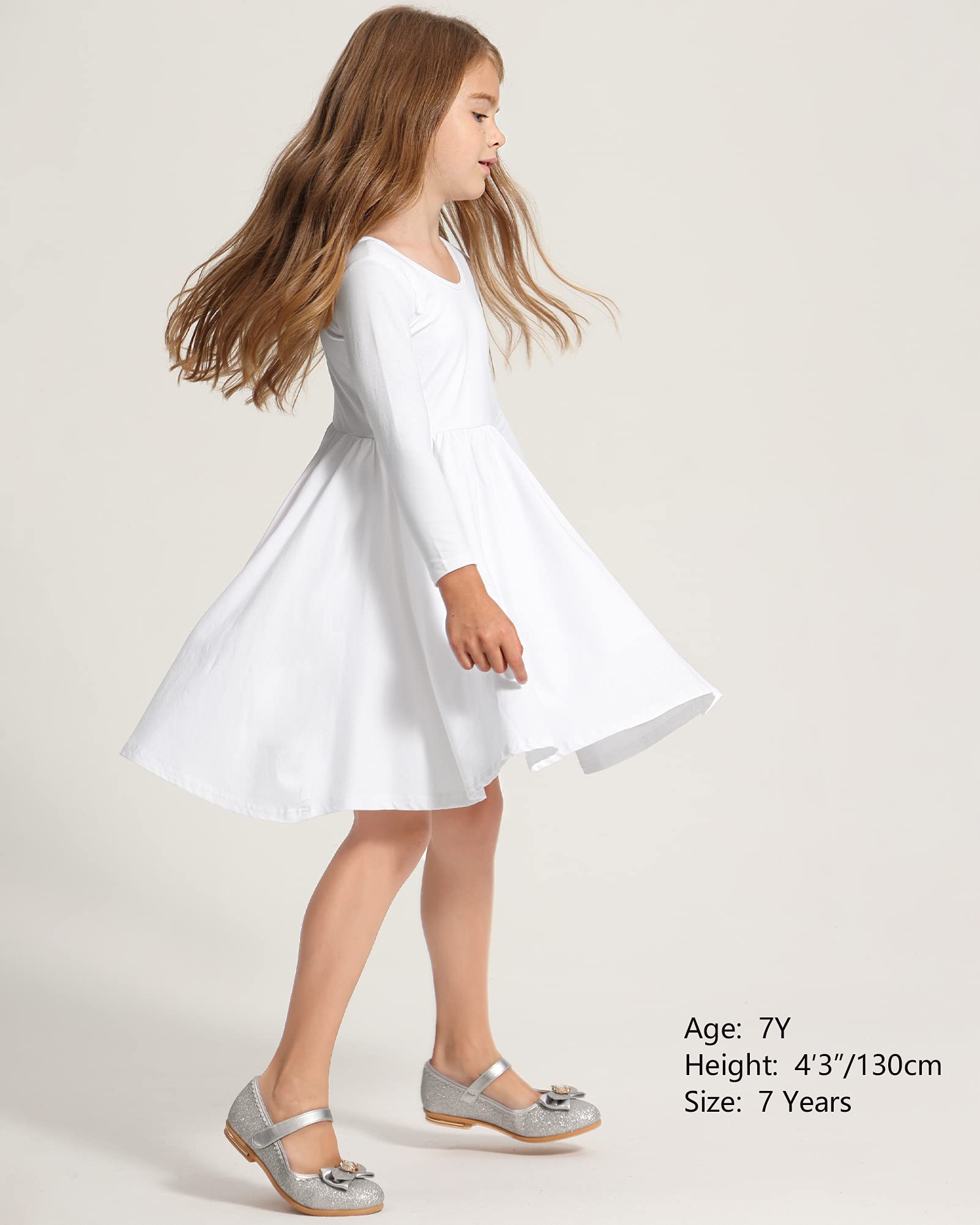 Stelle Long Sleeve Girls Cotton A-Line Dress - White Skater Twirl Toddler Dress for School, Casual & Easter | Perfect for Playdates, Parties & Special Occasions