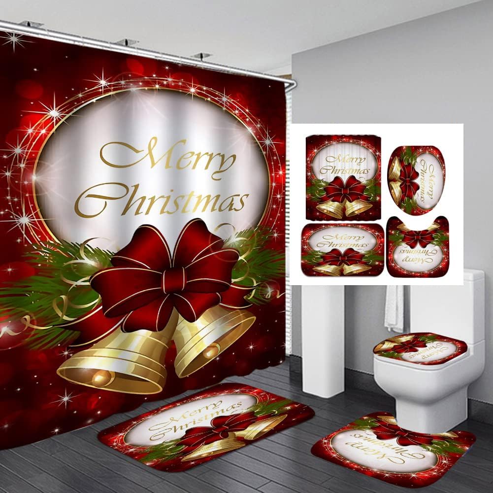 Waterproof Christmas Shower Curtain Set with Matching Bath Rugs - Holiday Bathroom Decor with Xmas Tree & Bells Design - Perfect for Festive Home Decor, Guest Bathrooms & Seasonal Celebrations