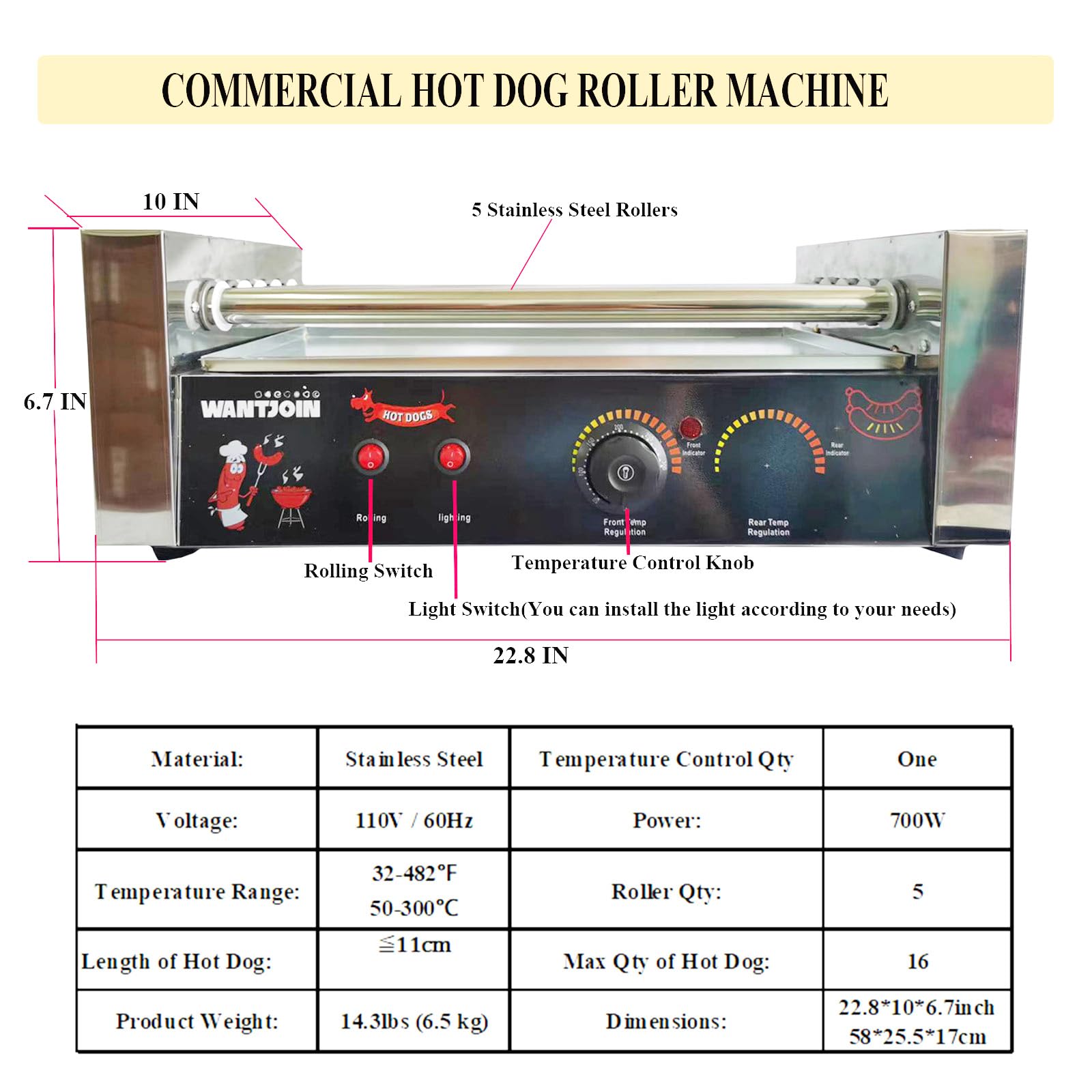 Commercial Electric Hot Dog Roller Machine - 5 Stainless Steel Rollers, 750W Non-Stick Heating for 16 Hot Dogs | Perfect for Restaurants, Carnivals & Home Parties | Fast Food Preparation & Snack Serving Solution
