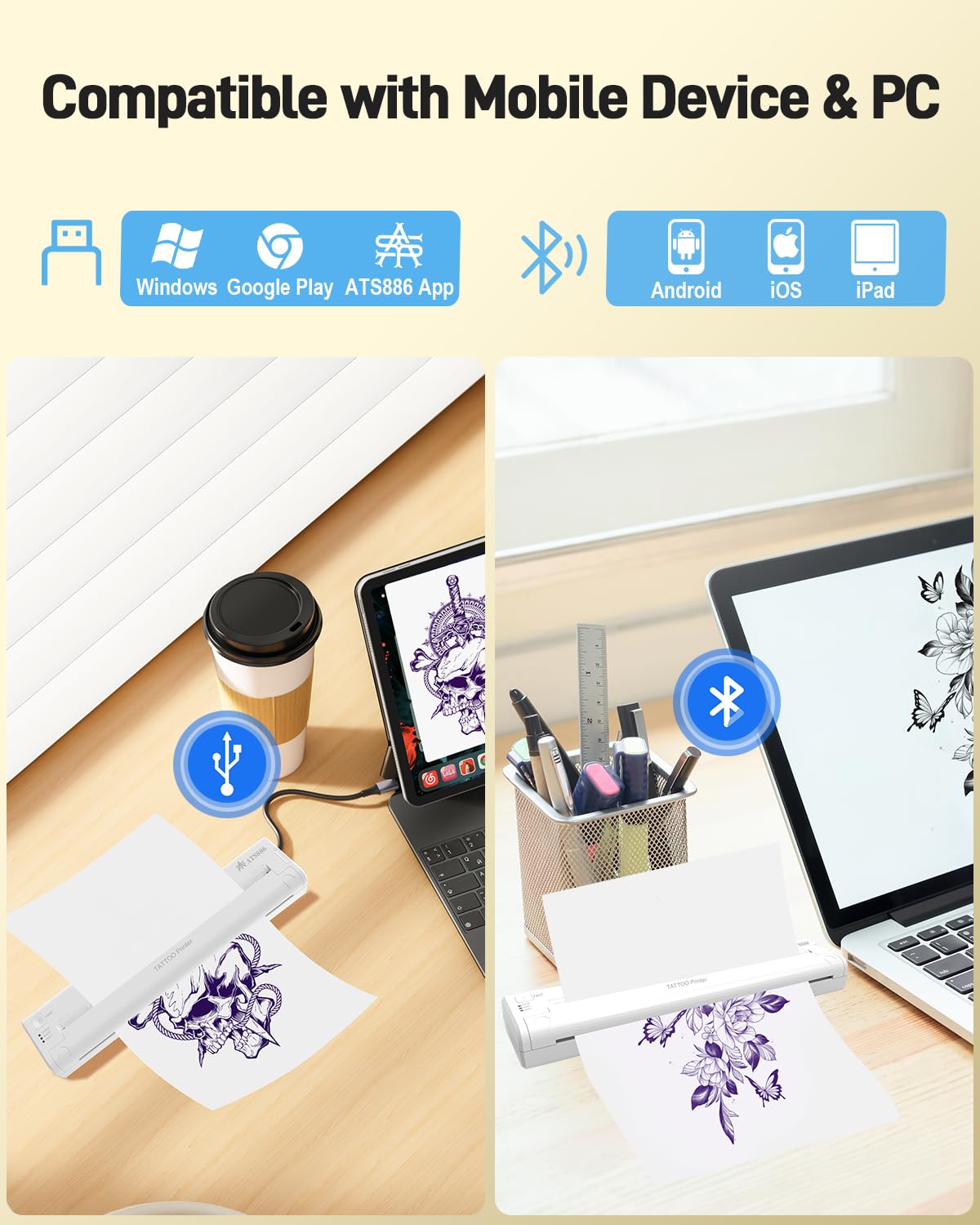 YILONG Bluetooth Tattoo Stencil Printer - Portable ATS886 Thermal Transfer Machine for Professional Tattoo Artists & Beginners | Wireless Smartphone & PC Compatible | Perfect for Tattoo Studios & Home Use