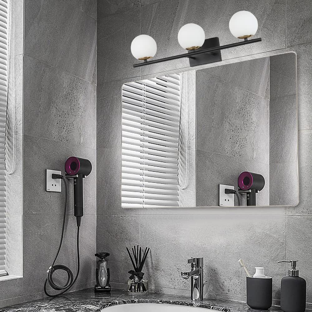 Modern Bathroom Vanity Light Fixture - 3-Light Brass & Black Wall Sconce with Milk White Glass Shades for Mirror Lighting | Perfect for Contemporary Bathrooms, Powder Rooms and Dressing Areas