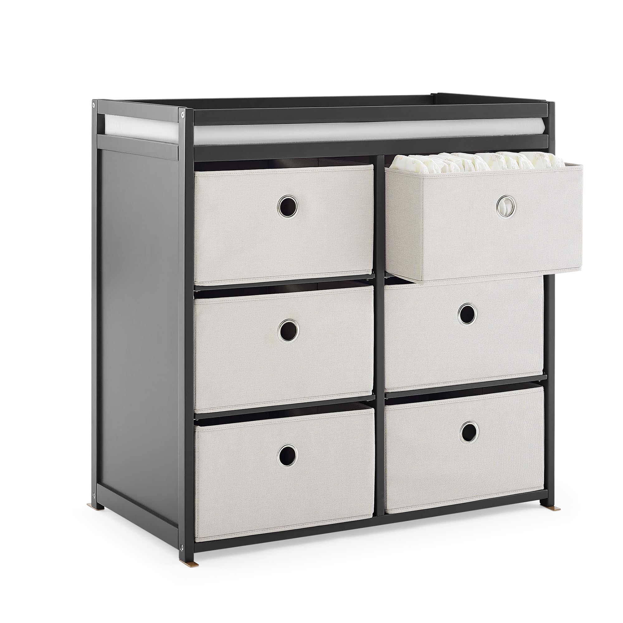 Delta Children Hayes Changing Table and Dresser with 6 Fabric Drawers - Nursery Storage Solution in Charcoal Grey/Flax | Perfect for Baby Room Organization and Diaper Changing Station