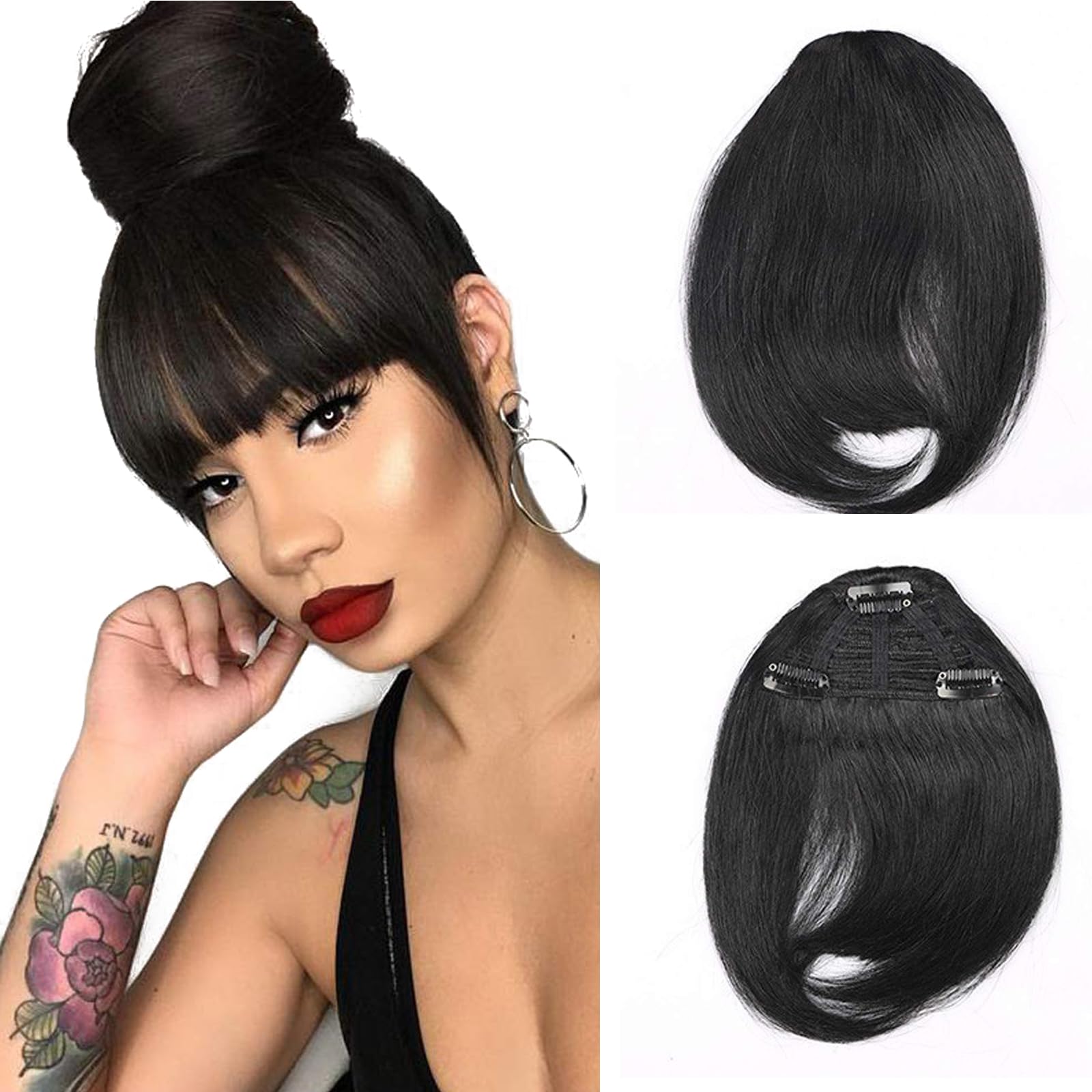 Brazilian Human Hair Clip-In Bangs for Black Women | 6-8 Inch Natural Black Straight French Bangs with Temple | Muzinuo Hair Extensions | Perfect for Daily Wear, Parties & Protective Styles