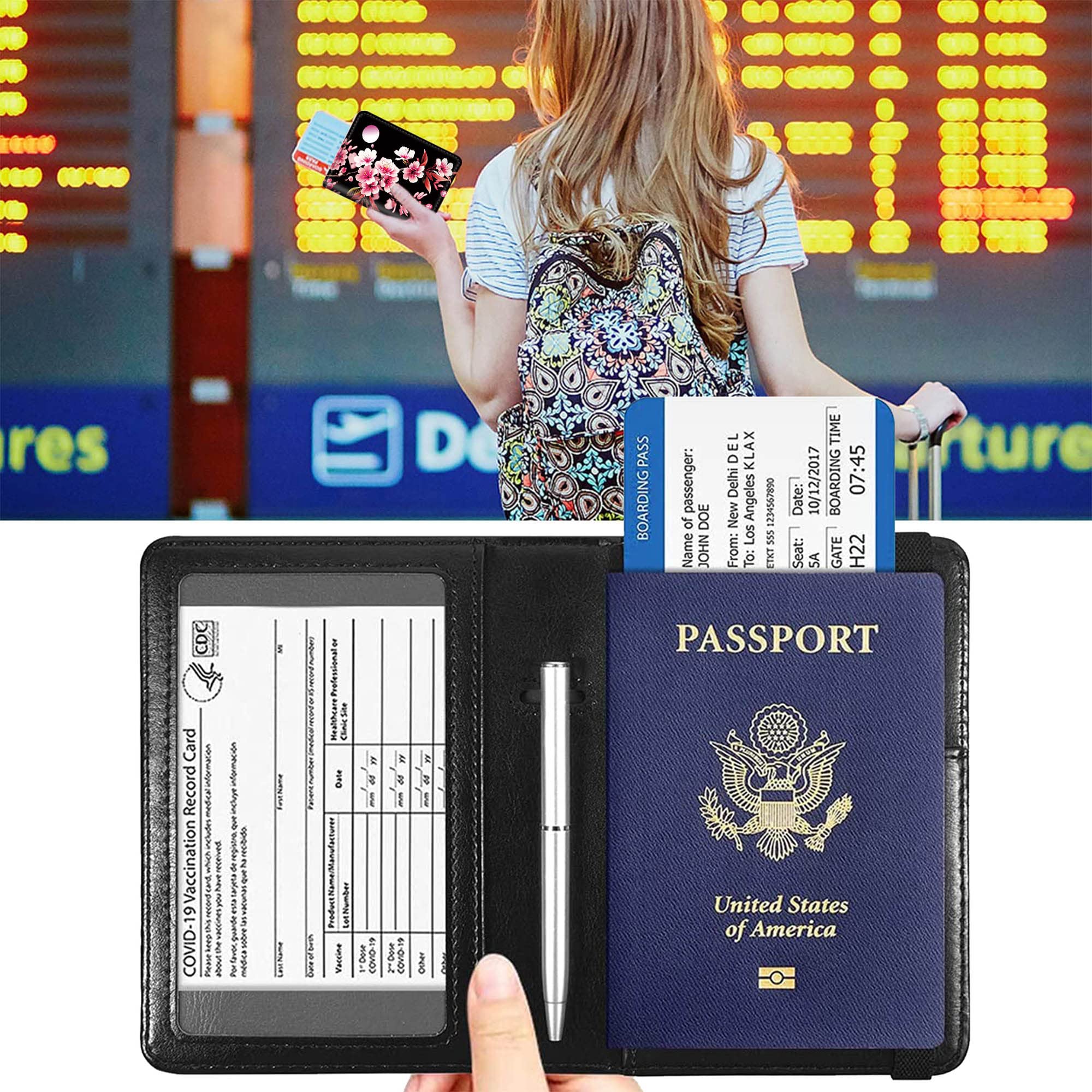 RFID Blocking Passport & Vaccine Card Holder - Sakura Cherry Blossom Moon Design Leather Wallet with Vaccination Card Slot | Travel Essentials for International Trips & Health Documentation Protection