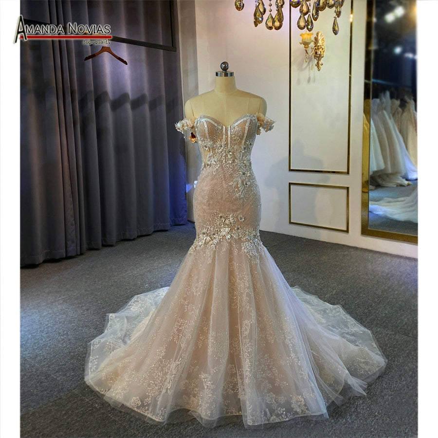 Champagne Off-the-Shoulder Mermaid Wedding Dress - Custom Made for Beach, Church & Formal Weddings