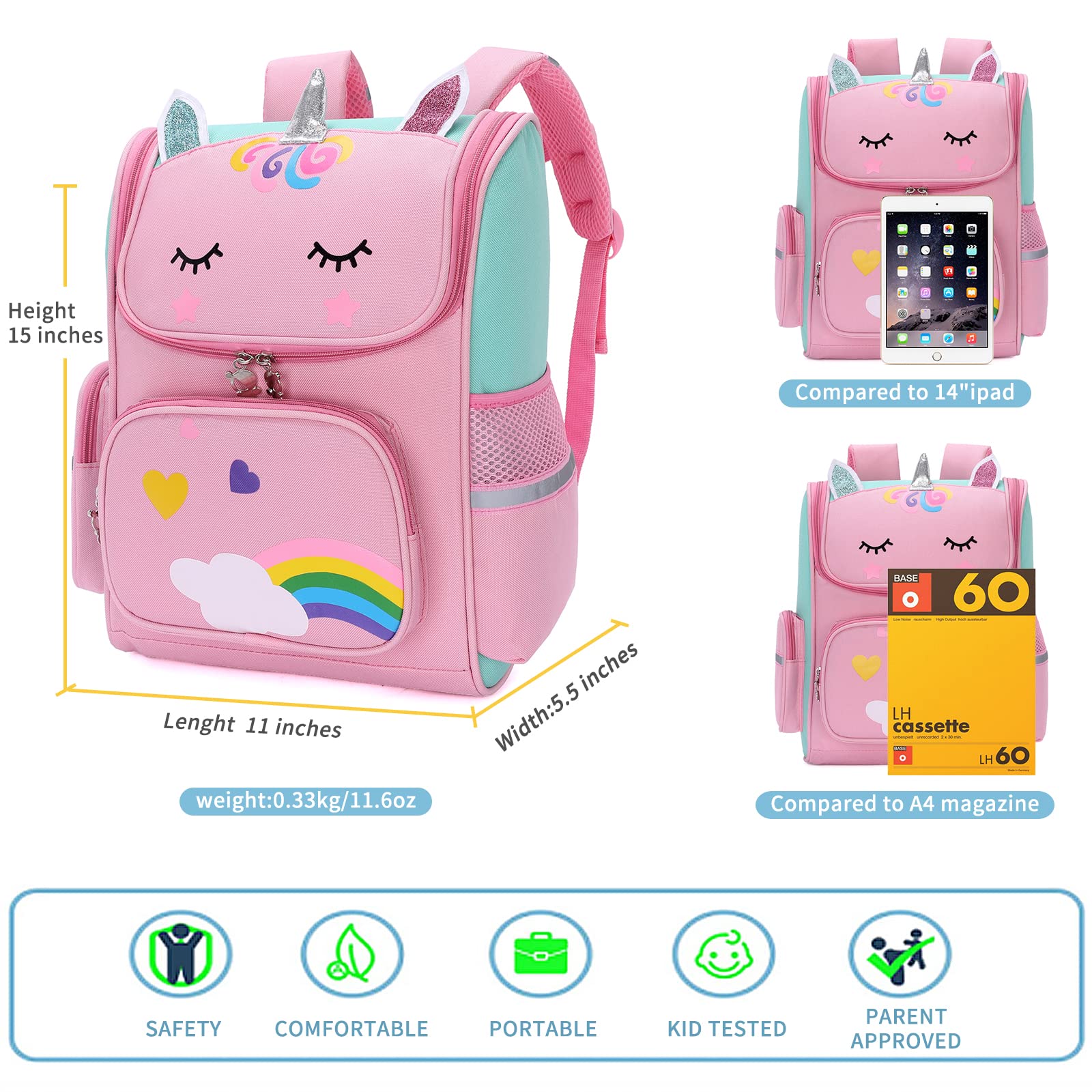 15 Inch Lightweight Unicorn School Backpack for Girls - Cute Kids Bookbag with Adjustable Chest Straps for Elementary & Primary Students | Perfect for School, Travel & Daily Use (Pink)