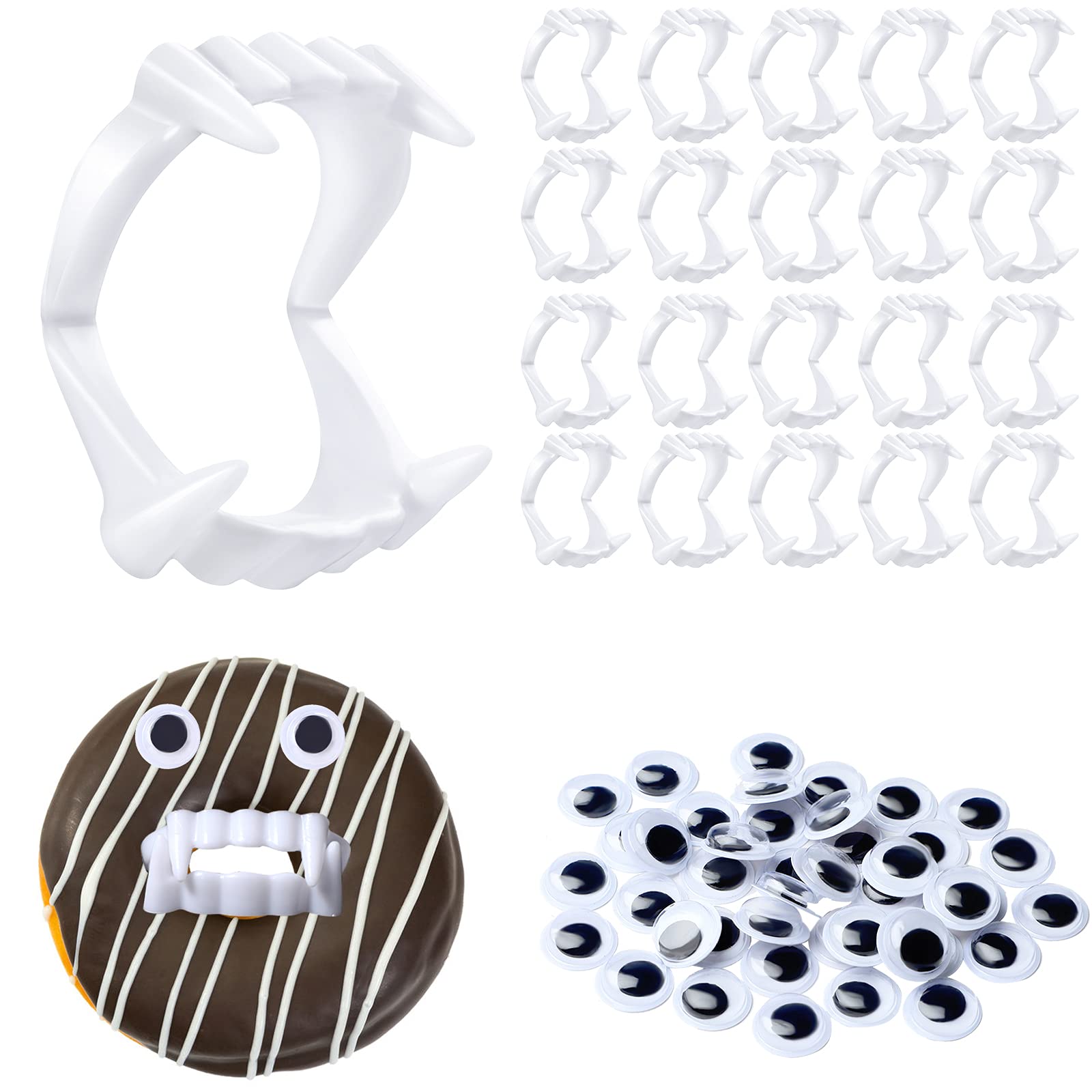 50 Pcs Halloween Vampire Teeth Set - Plastic Fake Fangs & Wiggle Eyes for Kids Adults Costume Party - Perfect for Halloween Cosplay, Scary Party Decorations & DIY Crafts