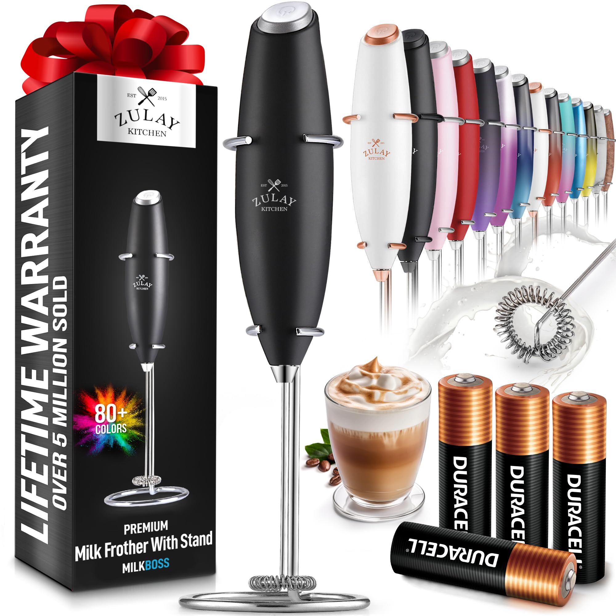 Zulay Powerful Milk Frother Handheld Electric Whisk - Includes 4 Duracell Batteries - Coffee Frother Wand for Cappuccino, Latte, Matcha & Hot Chocolate - Ideal for Home, Office & Coffee Shops - Black