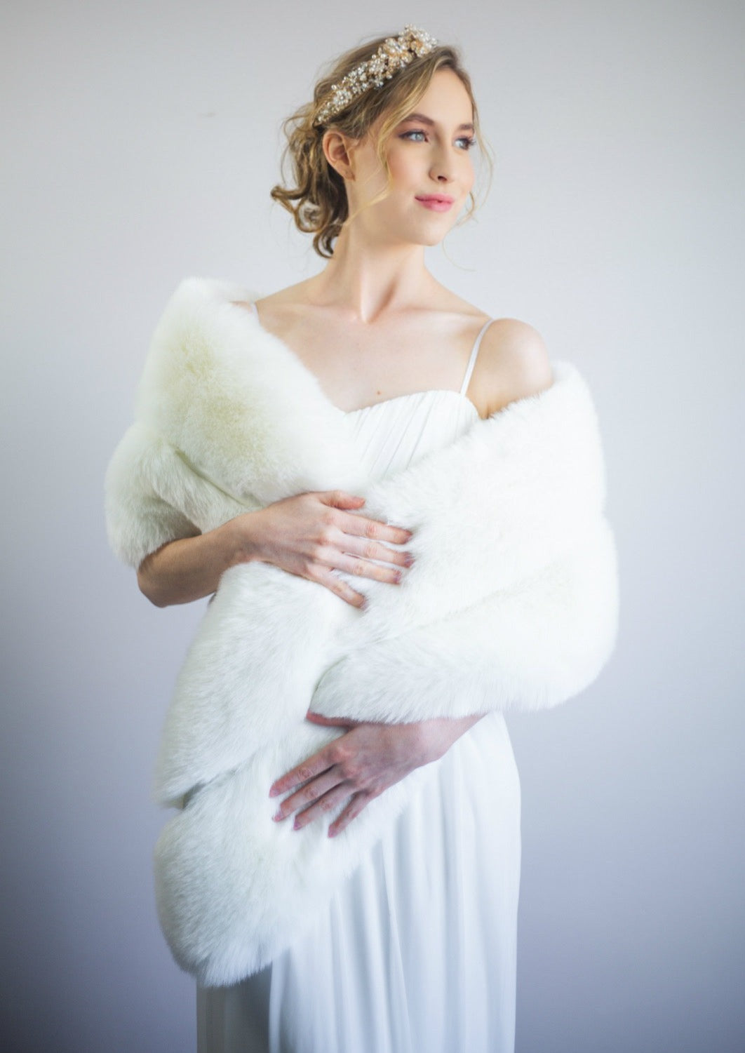 Elegant Pure Ivory Fur Shawl for Brides - Celia Wht01 | Perfect for Weddings, Photo Shoots & Formal Events