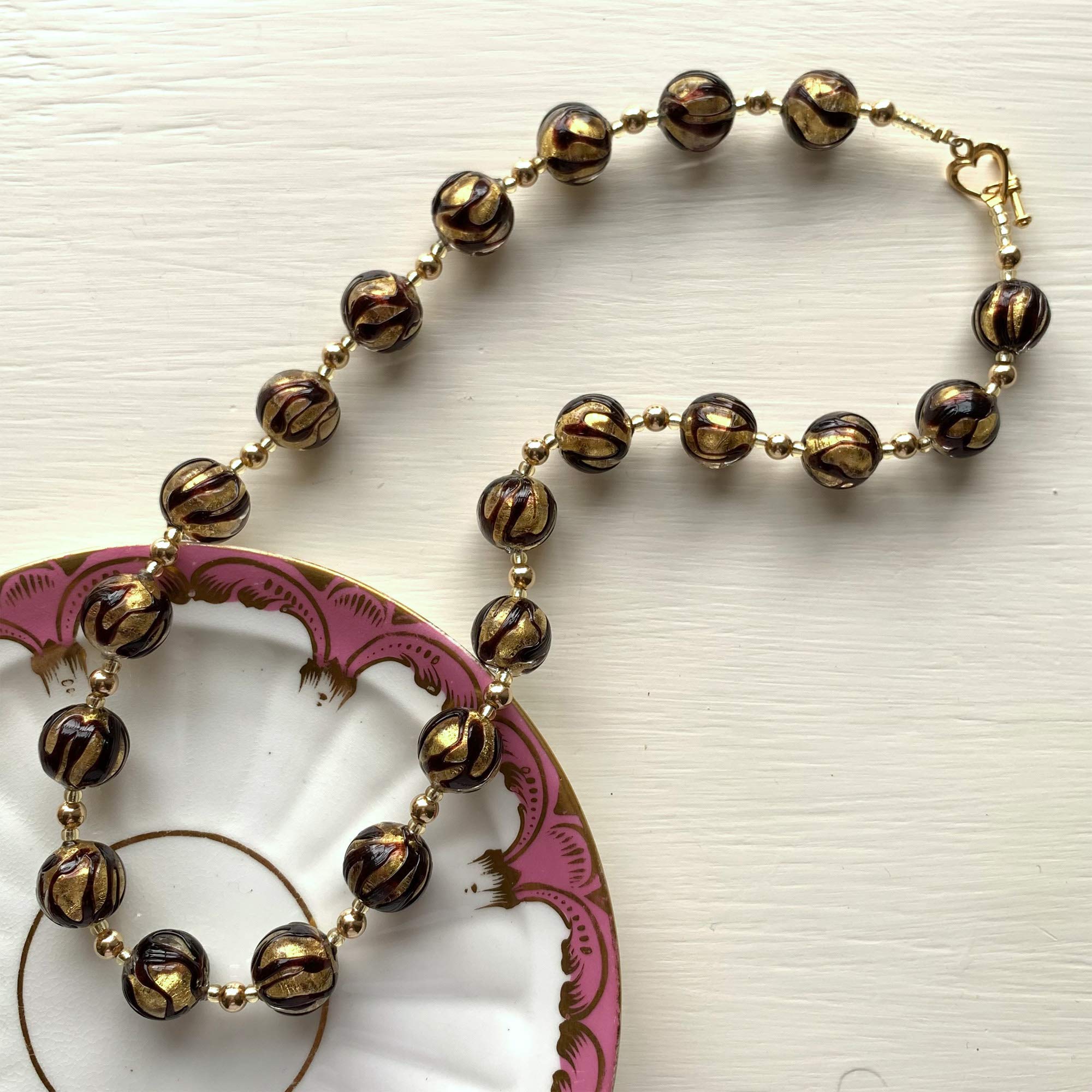 Diana Ingram Gold Vermeil Necklace with Black Appliqué & Murano Glass Beads - Elegant Jewelry for Women, Perfect for Parties & Special Occasions