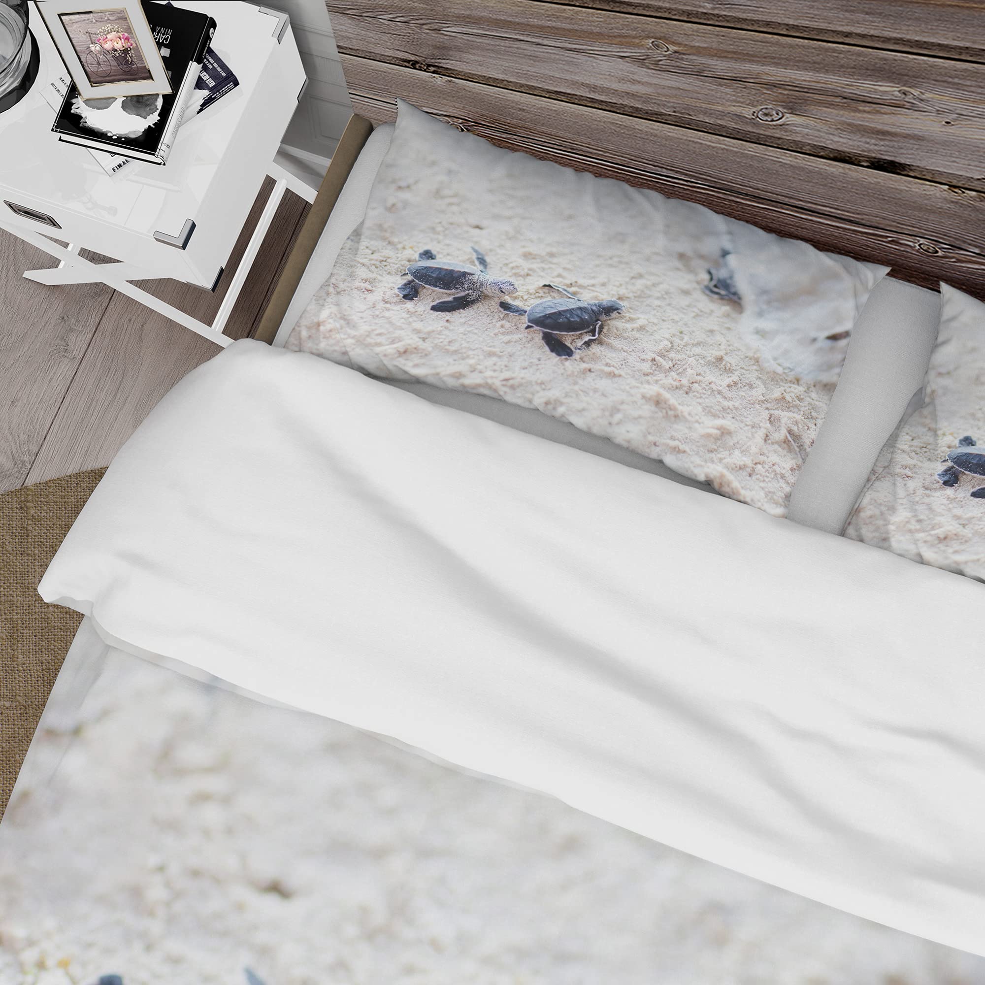 DesignQ Baby Green Turtles on Sand Duvet Cover Set - Twin Size 3-Piece Animal Print Bedding | Soft All-Season Comfort for Kids' Room, Beach Theme Nursery Decor