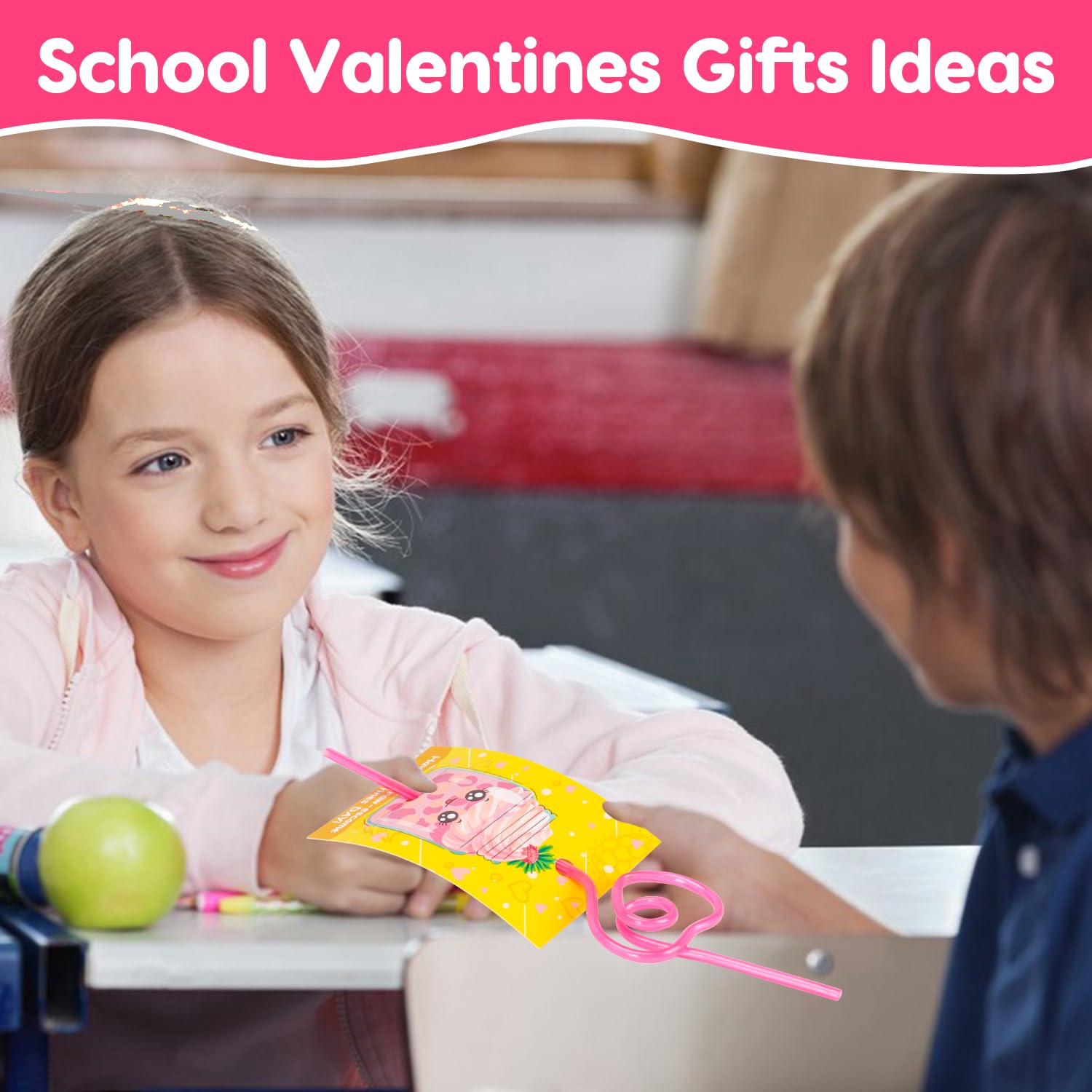 28 PCS Valentine's Day Cards for Kids with Crazy Loop Bendy Straws - Bulk Classroom Party Favors, School Exchange Cards, Prizes & Gifts for Boys & Girls | Perfect for Valentine's Parties, School Activities & Holiday Celebrations