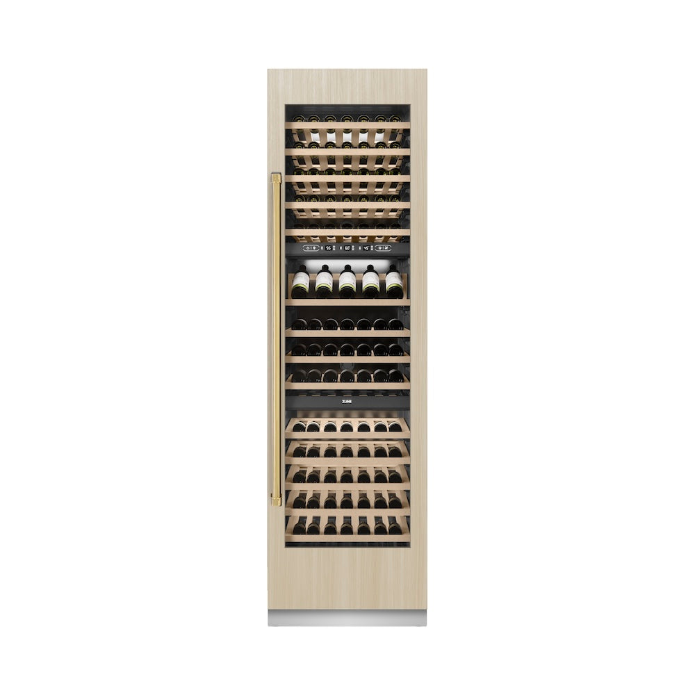 ZLINE Autograph Edition 24 Inch 12.4 Cu Ft Triple Zone 100 Bottle Built-In Wine Refrigerator with Polished Gold Accents - Perfect for Home Bars, Wine Cellars & Luxury Kitchens (RBCWVZ 24 G)