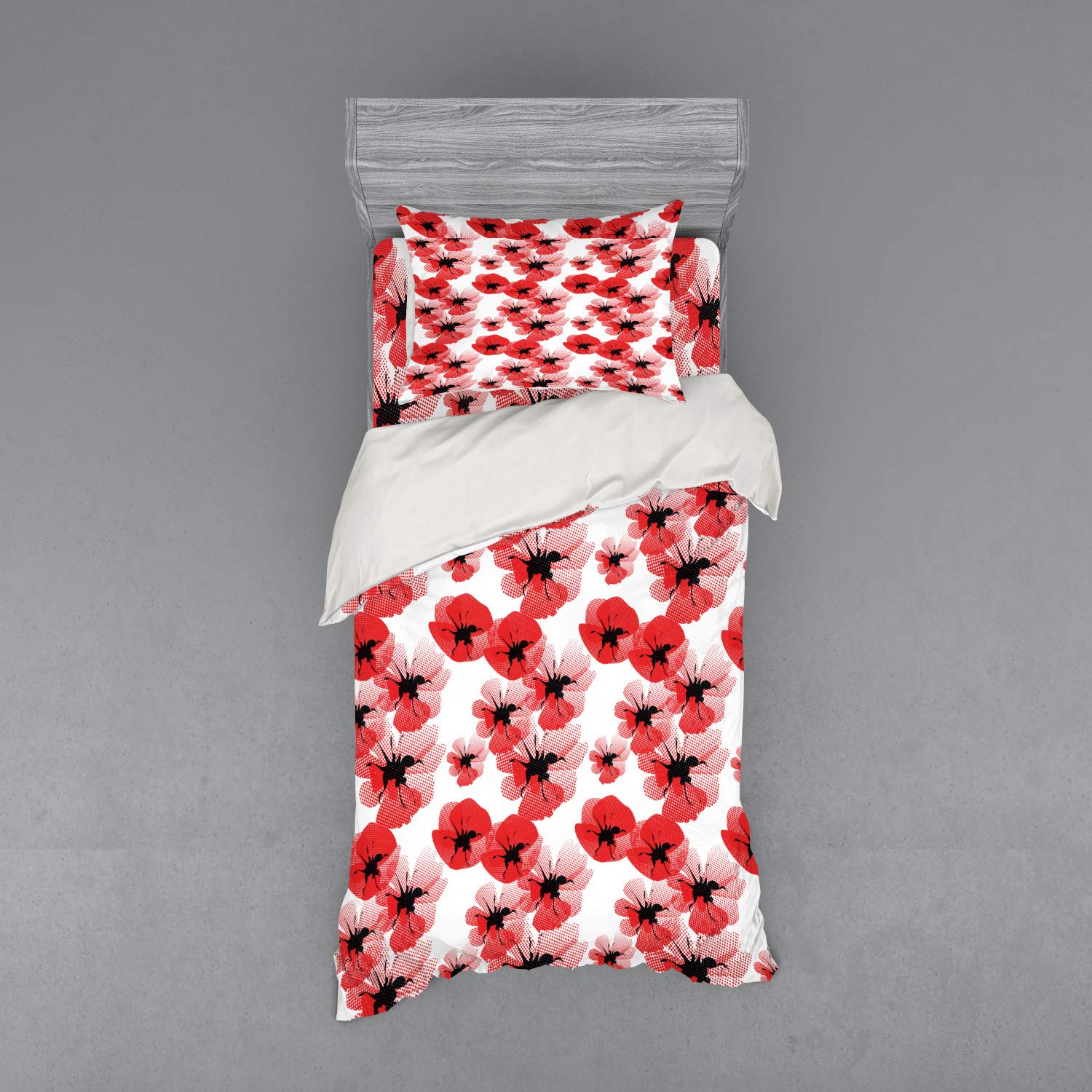 Ambesonne Floral Bedding Set - 3-Piece Duvet Cover with Sham & Fitted Sheet, Twin XL Size, Vintage Poppy Print in Vermilion White & Black | Perfect for Bohemian Bedrooms, Guest Rooms & Cozy Farmhouse Decor