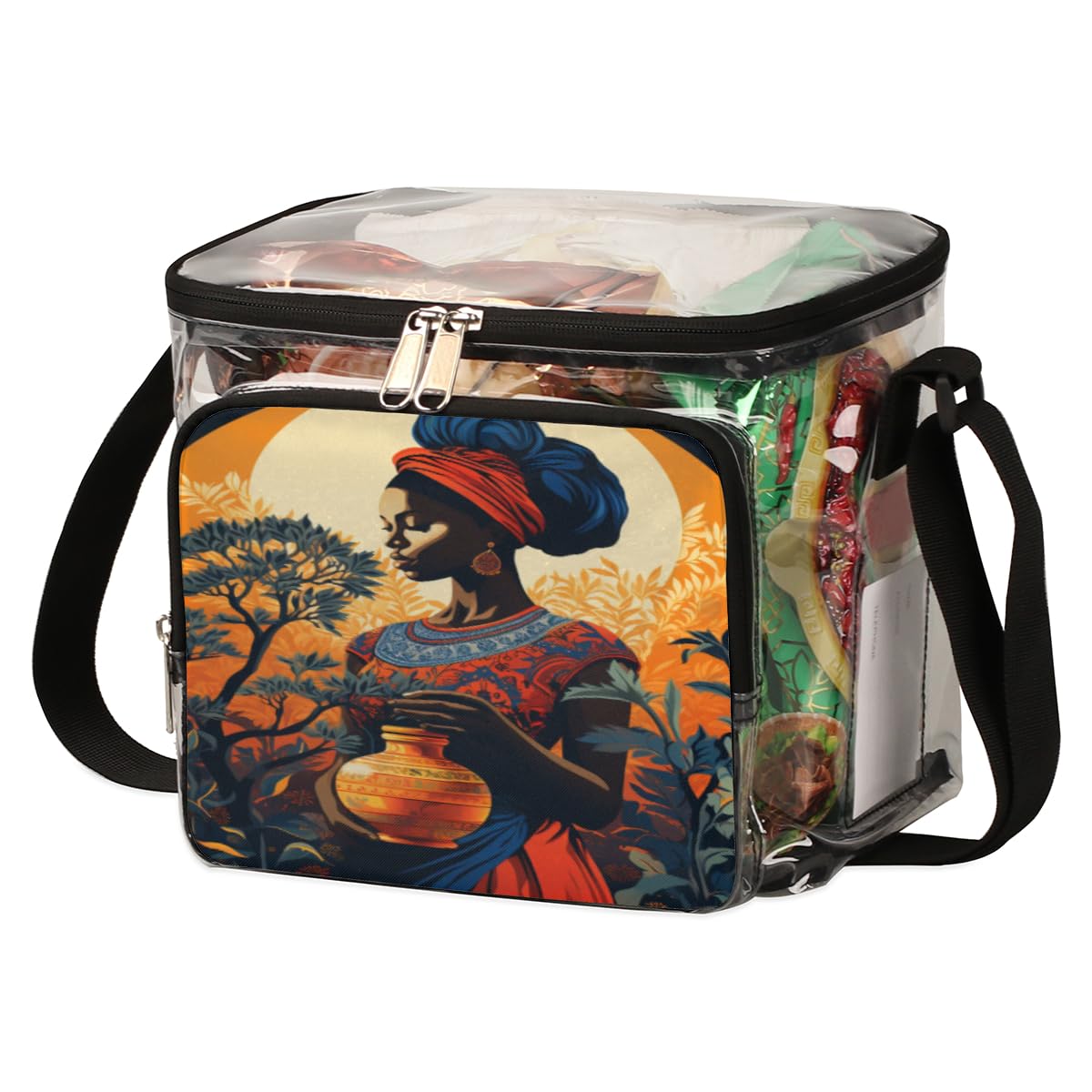 African Women's Ethnic Clear Tote Bag with Handles - Transparent Crossbody Shoulder Purse for Lunch, Outdoor, Travel, Picnic, Concerts & Sports Events - Stadium Approved Multipurpose Carryall for Shopping, Beach, Work & Daily Use