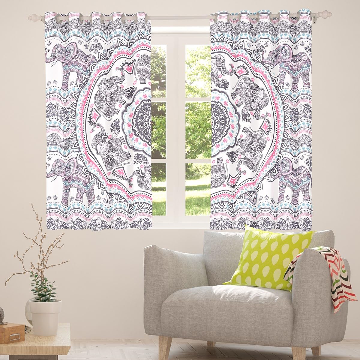 Bohemian Elephant Print Kids Curtains for Boys & Girls Room Decor - Mandala Elephant Window Drapes with Grommet Top (2 Panels, 52x90 Inches) - Perfect for Nursery, Bedroom & Playroom Decor