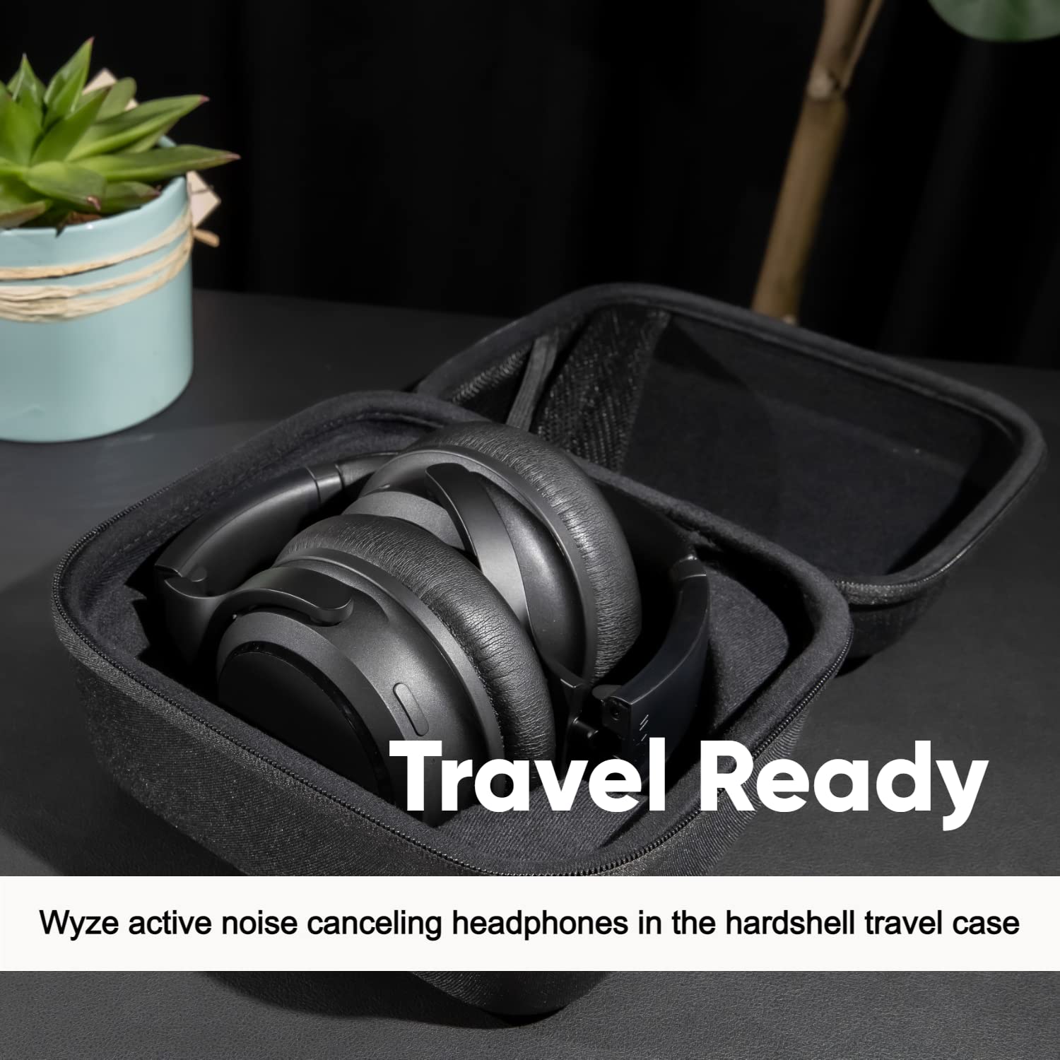 Wyze Wireless Over-Ear Bluetooth Headphones with Active Noise Cancellation & Transparency Mode - Travel-Friendly Noise Cancelling Headset with Built-in Alexa, Clear Voice Pickup & Hard Case for Commuting, Airplane Travel & Office Work